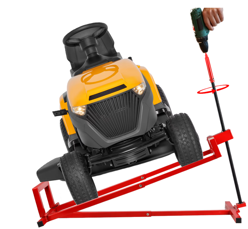 thumbnail video image 2 of Lawn Mower Lift Jack, Lifting Platform 882 Lbs Capacity Telescopic Maintenance Jack with Manual Handle and Power Tool Extension Handle, Ride on Lawn Mower for Garden Tractors & Riding Lawn Mower, 2 of 6