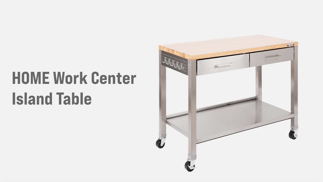 thumbnail video image 2 of Seville Classics UltraHD Stainless Steel Workcenter Professional Kitchen Island, 2-Drawer, Peg Boards, Steel, White w/ Solid Wood Top, 2 of 7