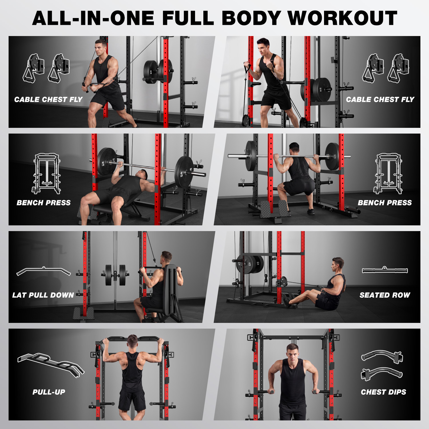 thumbnail video image 2 of MITONOS Power Cage,2000LB Squat Rack with Cable Crossover System,Multi-Function Weight Cage Strength Training Machine,Home Gym Workout Machine with More Training Attachments, 2 of 13