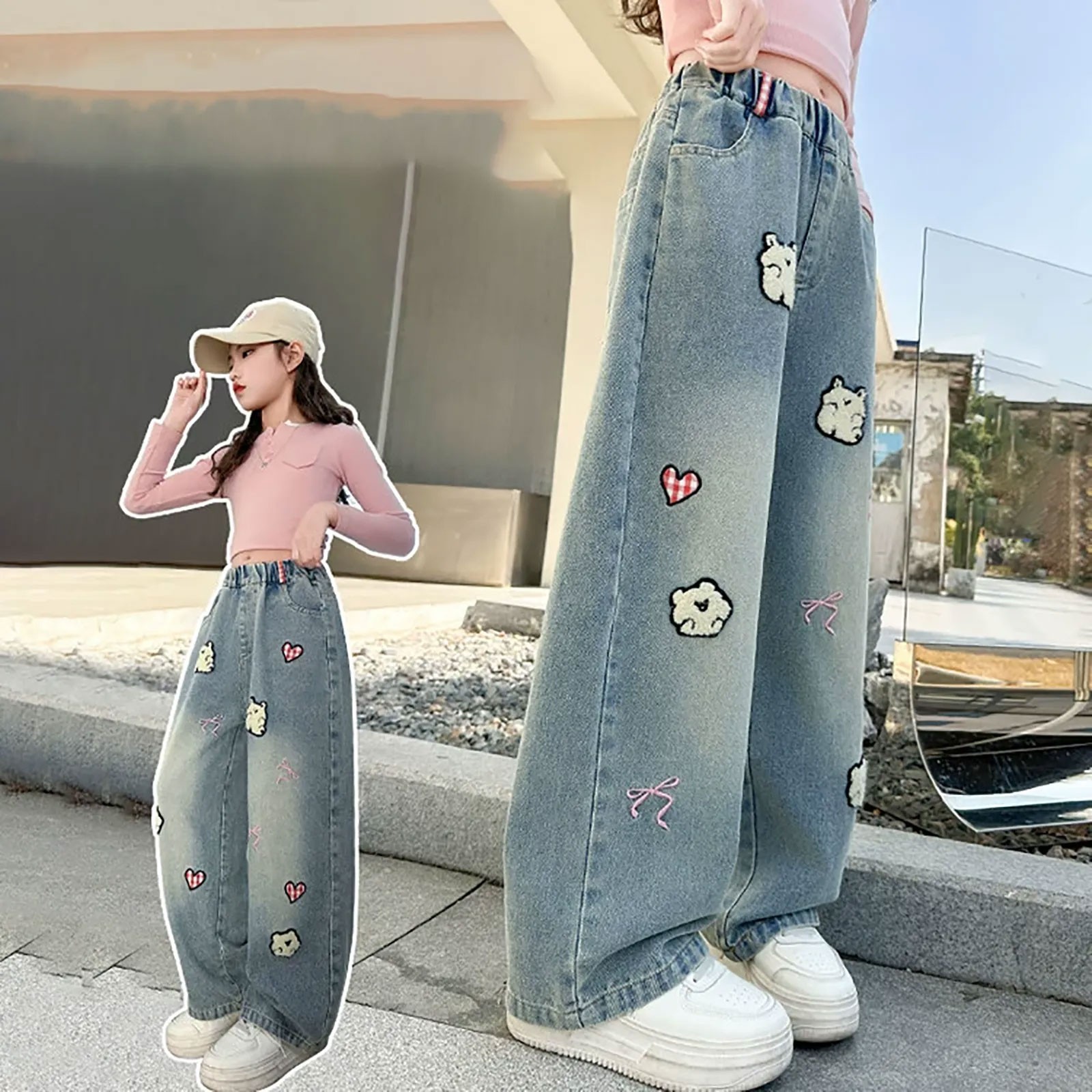 thumbnail video image 2 of JLMSPLWG Girls Wide Leg Jeans with Embellished Patchwork Kids High Waist Pants Teen Girl Soft Personalized Preppy Denim Jeans Tween Girl Cute Aesthetic Trendy Jean with Pockets Girl Clothes, 2 of 9