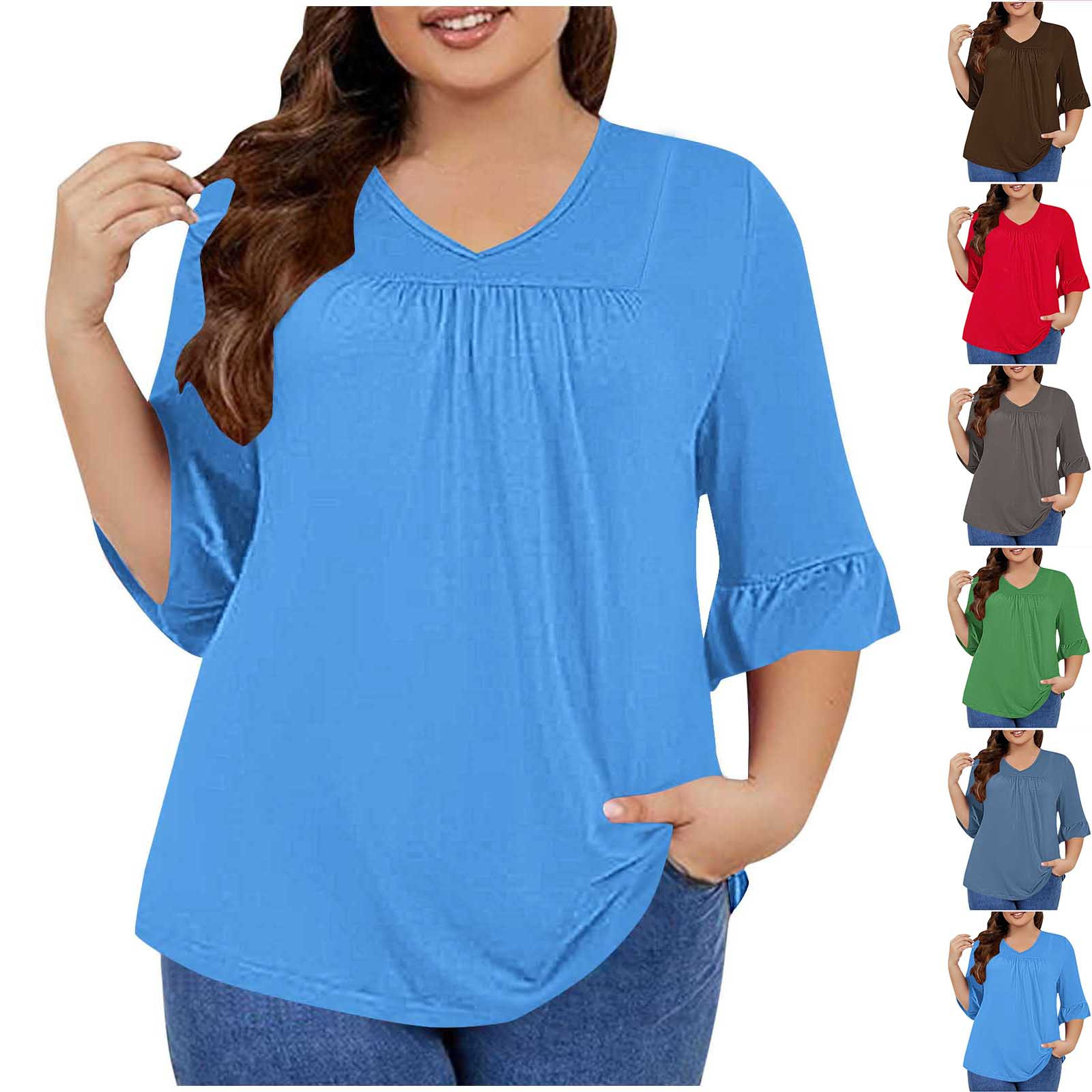 thumbnail video image 2 of WREESH Womens T-Shirts Plus Size Top 3/4 Ruffled Sleeve Shirt Casual V-Neck Pleated T-Shirt Loose Fitting Cotton Shirt Red, 2 of 6