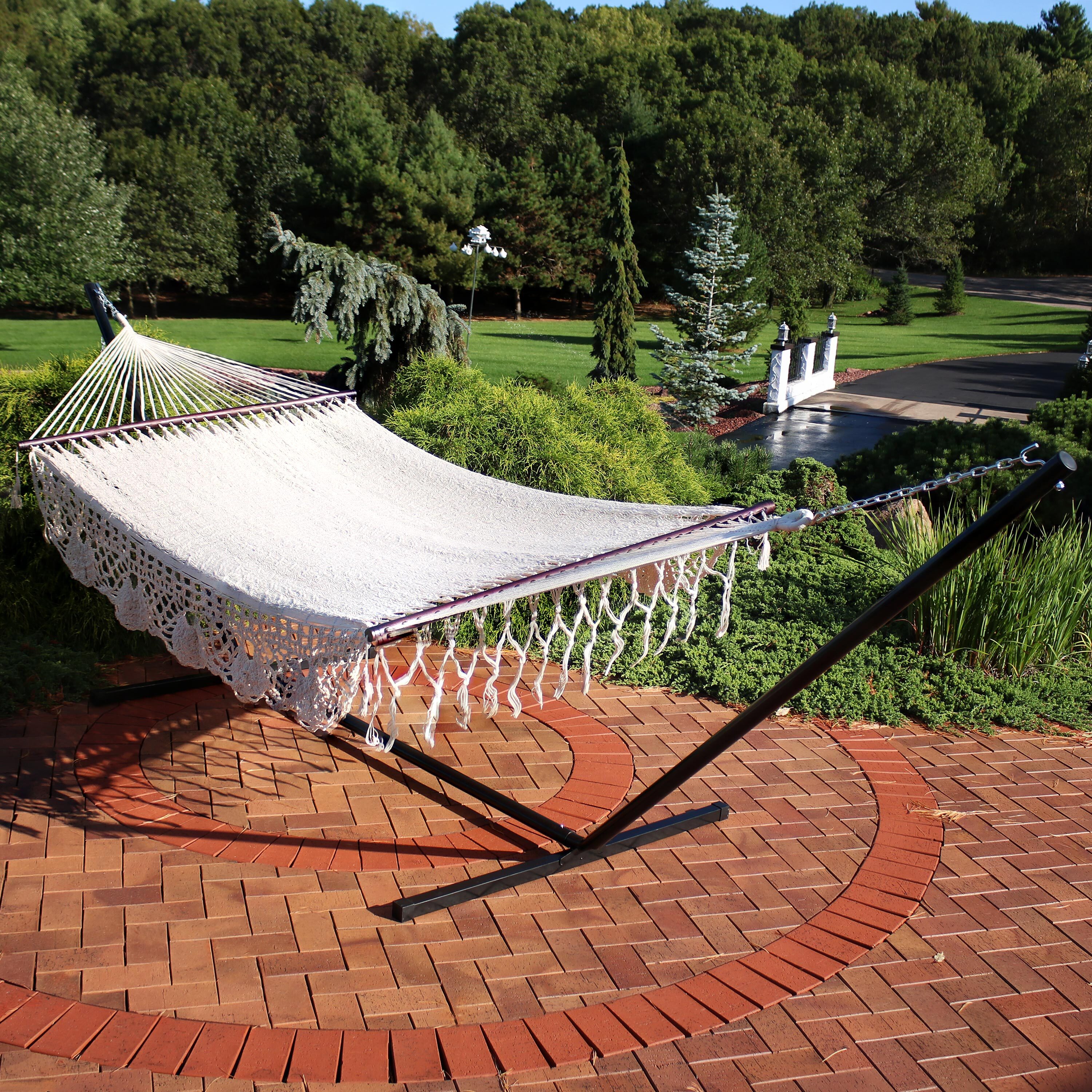 thumbnail video image 2 of Sunnydaze 2-Person Woven Cotton Spreader Bar Hammock and Stand, 400 lb Capacity - Blue, 2 of 8