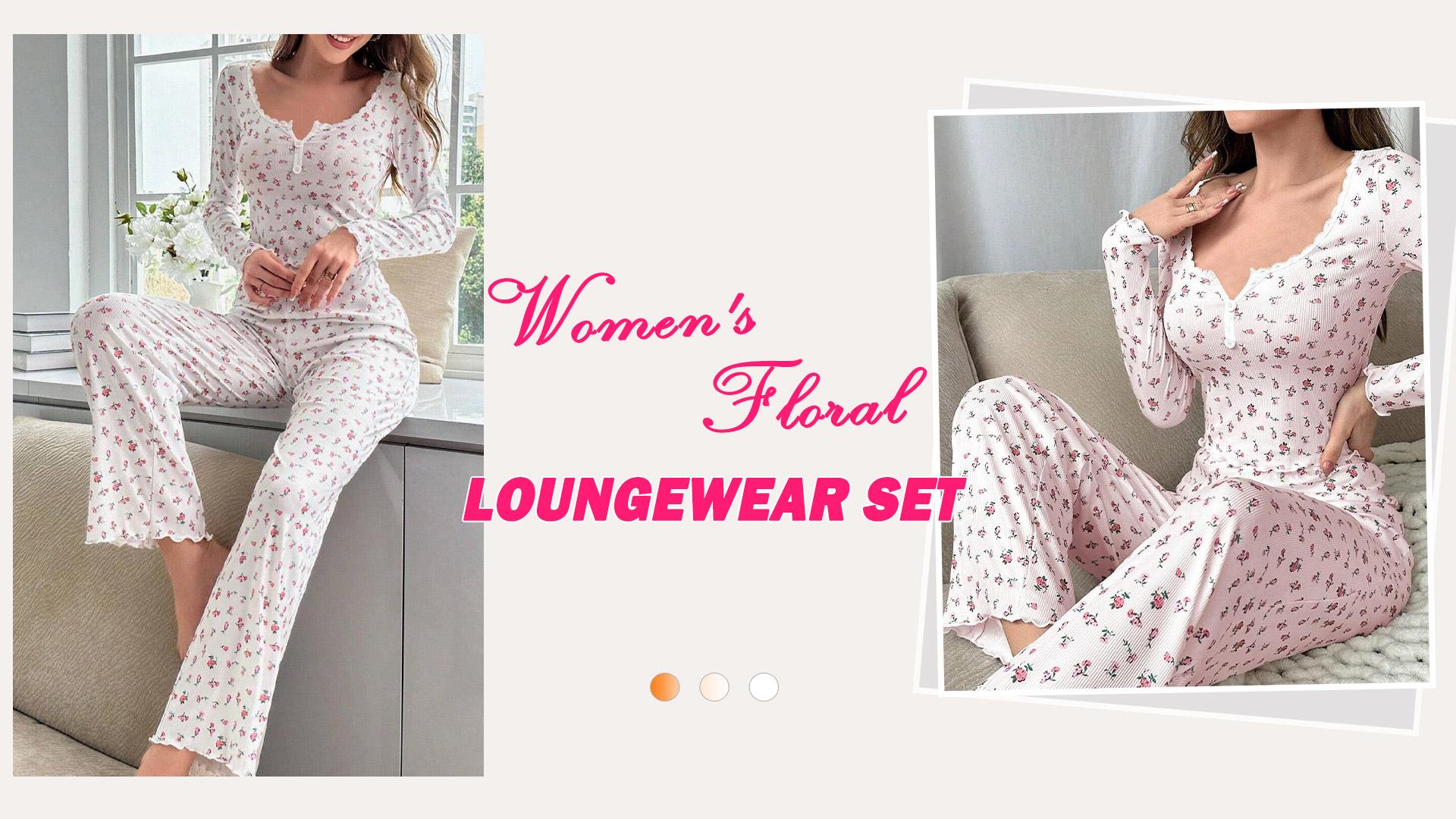 thumbnail video image 2 of Aivtalk Womens Pajama Sets Long Sleeve Floral Ribbed Fall Sleepwear Slim Crop Top and Pants Casual Cozy Soft Button Down Lounge Outfits 2 Piece Pjs Pink M, 2 of 7