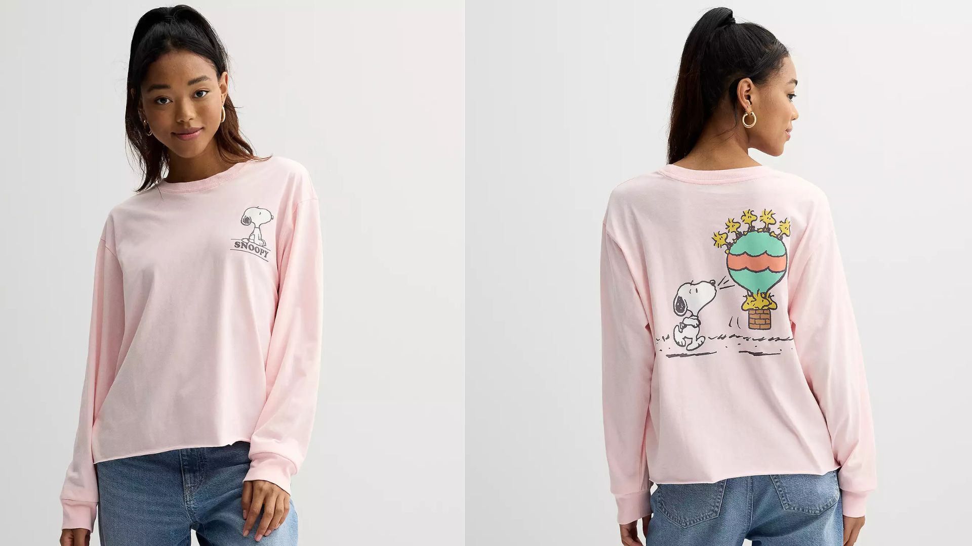 thumbnail video image 2 of Women Juniors' Peanuts Snoopy Long Sleeve Skimmer Graphic Tee, 2 of 4