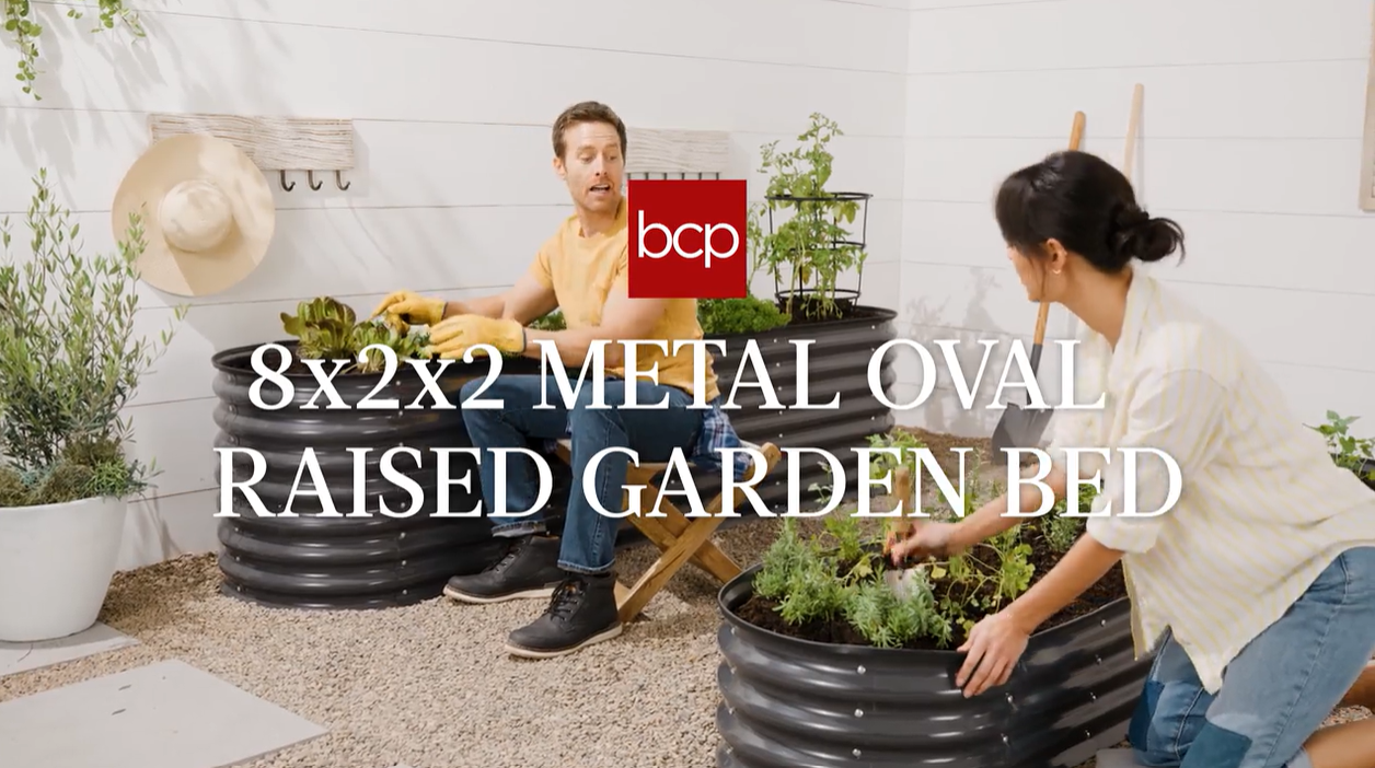 thumbnail video image 2 of Best Choice Products 8x2x2ft Metal Raised Garden Bed, Oval Outdoor Planter Box w/ 4 Support Bars - Charcoal, 2 of 9