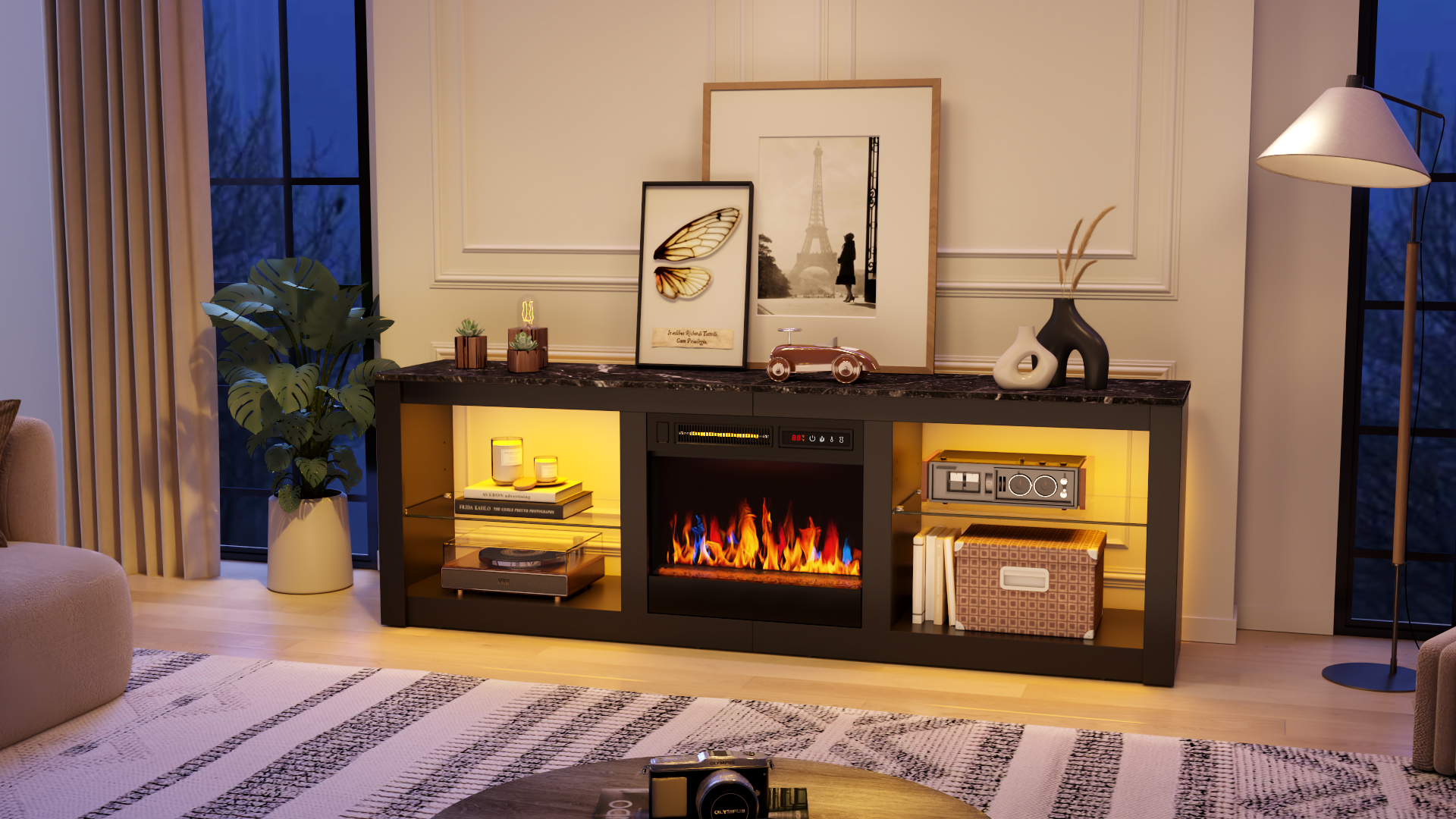 thumbnail video image 2 of Bestier Fireplace TV Stand for TVs up to 70",LED Gaming Entertainment Center with 18" Electric Fireplace TV Station with Open Storage Shelve for Living Room Grey, 2 of 9