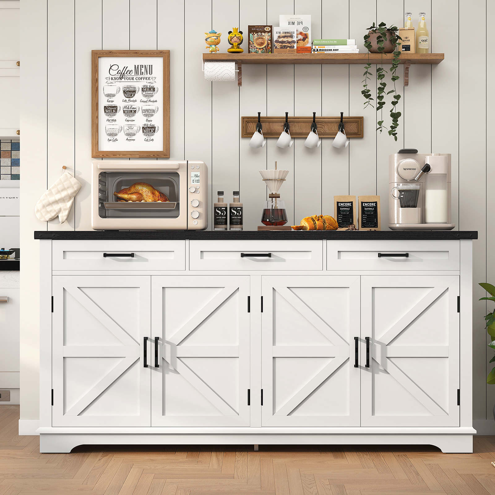 thumbnail video image 2 of TEENFON Farmhouse Buffet with 3 drawers and 4 Doors, Accent Stoarge Cabinet with 2 Adjustable Shelves, for Living Room, Dinging Room, White, 2 of 8