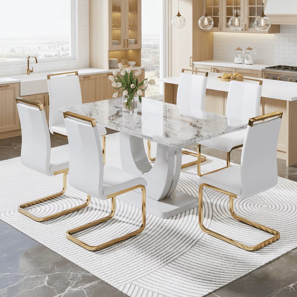 thumbnail video image 2 of LUFTUT Modern Dining Table Set for 6,Faux Marble Rectangula Dining Room Table Set with 63 in Faux Marble Tabletop＆6 White Pu Upholstered Chairs Ideal for Dining Room, Kitchen,Easy Assembly, 2 of 10