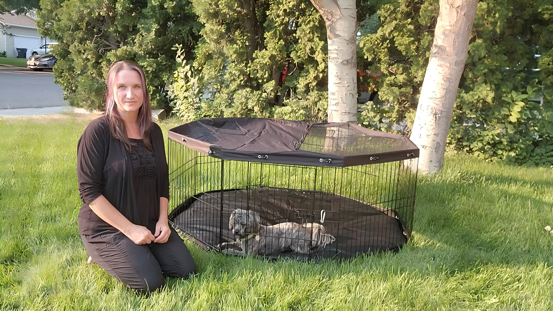 thumbnail video image 2 of Suchown 24'' Foldable Dog Playpen with Top & 8 Panels, Durable Pet Playpen for Indoor/Outdoor Use, Customizable Shape with UV Protection & Ground Stakes, 2 of 10