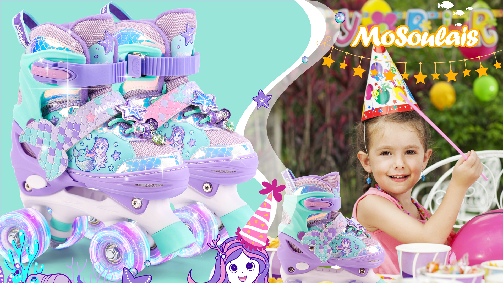 thumbnail video image 2 of Mermaid Roller Skates for Girl Kids Toddler Light up &Adjustable Sizes for Birthday Christmas Gifts, 2 of 8