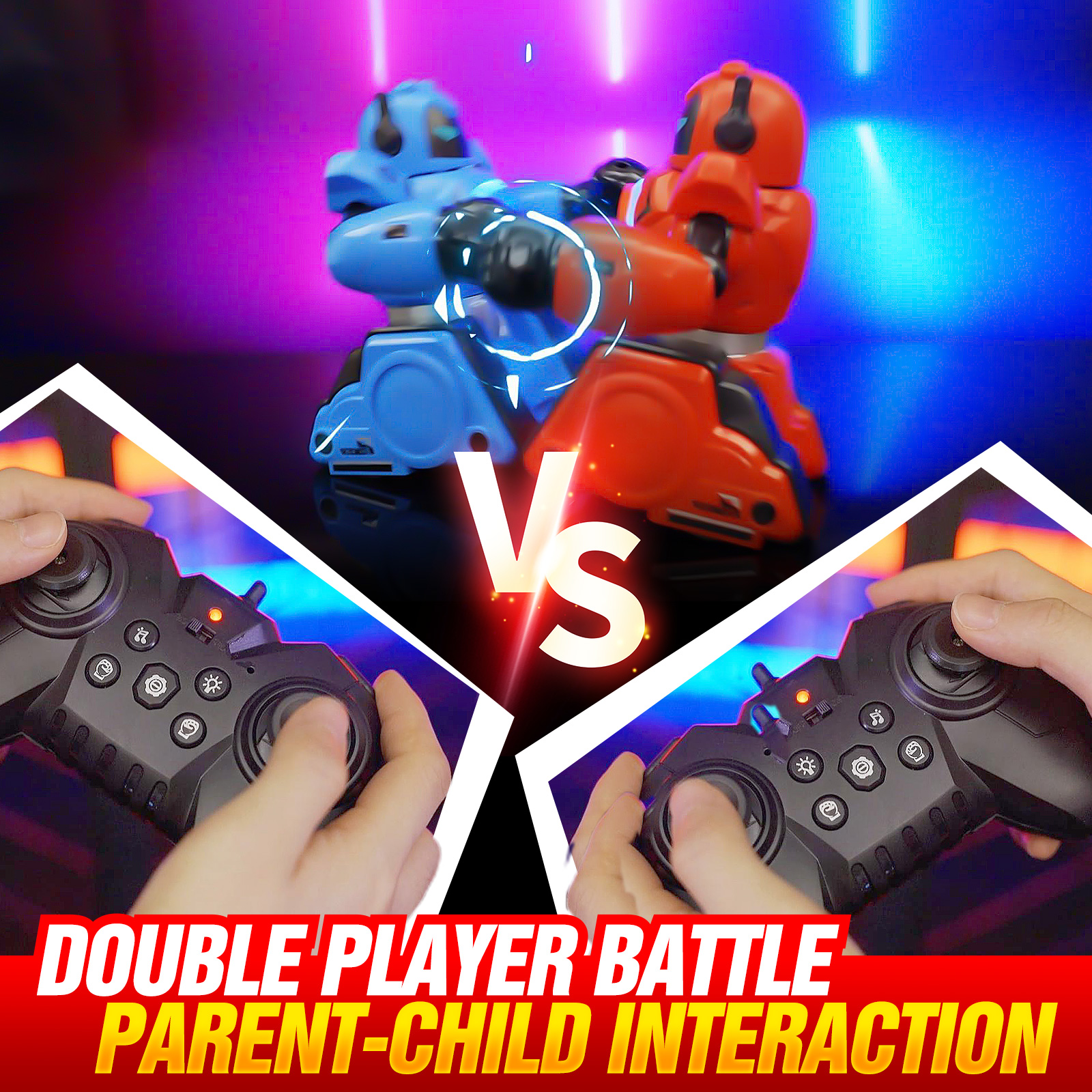 thumbnail video image 2 of Remote Control Boxing Robots for Kids, 2 Player Battle Toy with LED Lights & Music, Interactive RC Fighting Robot Set with Soccer Game, Rechargeable Battery, 2 of 12