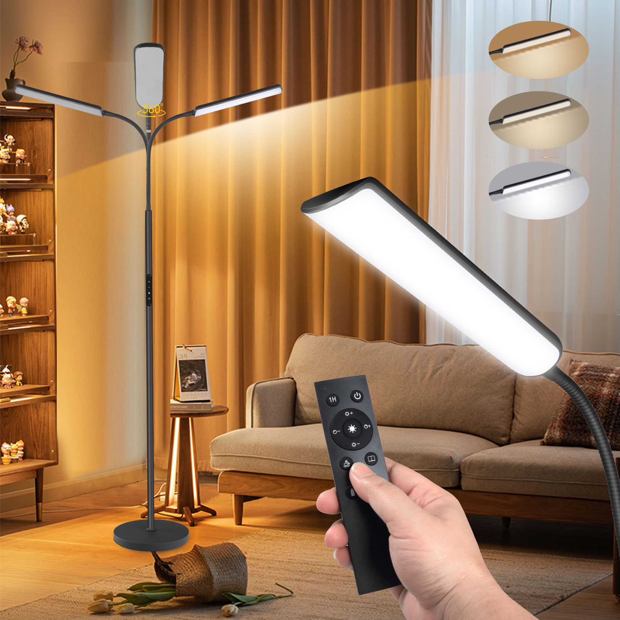 thumbnail video image 2 of Kapwan LED Floor Lamps for Living Room,3 Color Dimmable Floor Lamp with Remote & Touch Control, Standing Lamp with 1H Timer for Bedroom Office Piano (Black Modern), 2 of 10