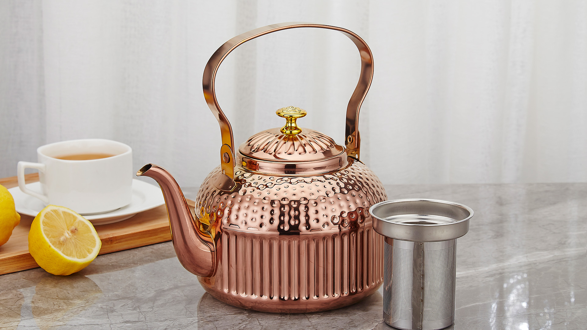 thumbnail video image 2 of SANQIAHOME Antique 1.2L (40Oz) Stainless Steel Teapot with Infuser copper, 2 of 11