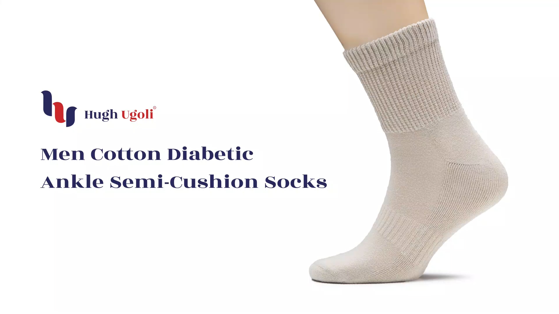 thumbnail video image 2 of HUGH UGOLI Men's Cotton Diabetic Ankle Socks, Wide, Loose and Stretchy, Seamless Toe & Non Binding Top, Semi Cushion, 3 Pairs, Light Beige/Dark Grey/Brown, Shoe Size: 8-11, 2 of 4