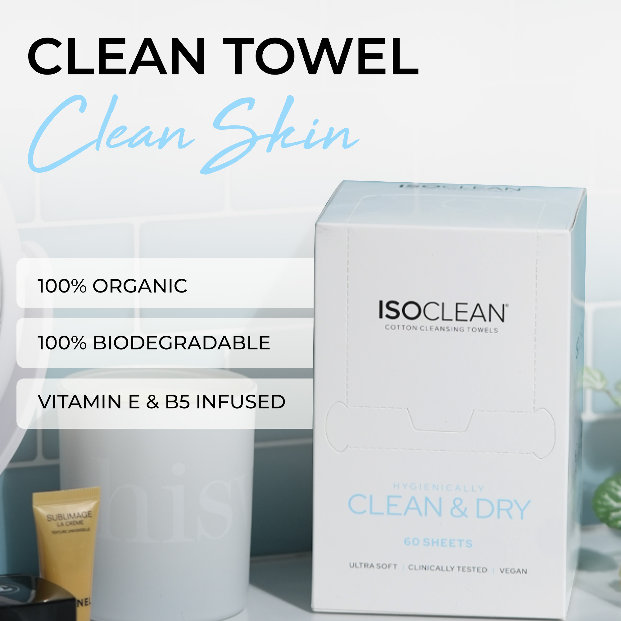 thumbnail video image 2 of ISOCLEAN Face Towel - Box of 60 Make Up Remover Wipes, Disposable Towels Made with Soft Organic Cotton, Gentle On Sensitive Skin, Ideal for Facial Cleansing and Removing Cosmetic Residue, 2 of 8