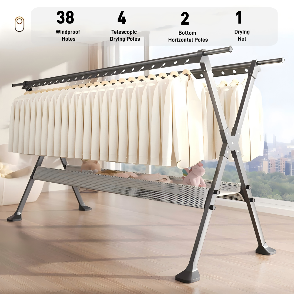 thumbnail video image 2 of Joybos Heavy Duty Clothes Drying Rack, Adjustable & Foldable Garment Rack with 20pcs Windproof Hooks for Outdoor Indoor, 2 of 12
