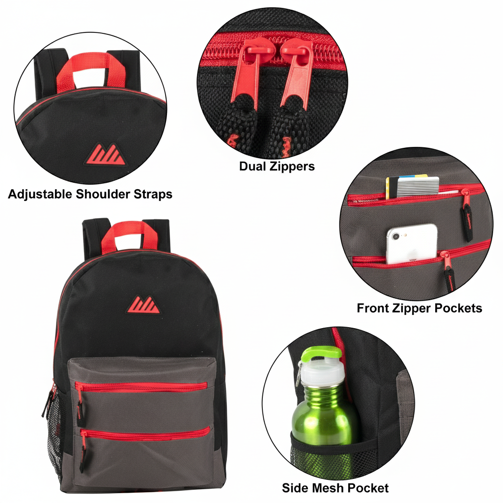thumbnail video image 2 of 24 Pack of Two Tone Mesh Side Pocket Backpacks for Camping, Commuting and Travel in Male Colors Pack, 2 of 7