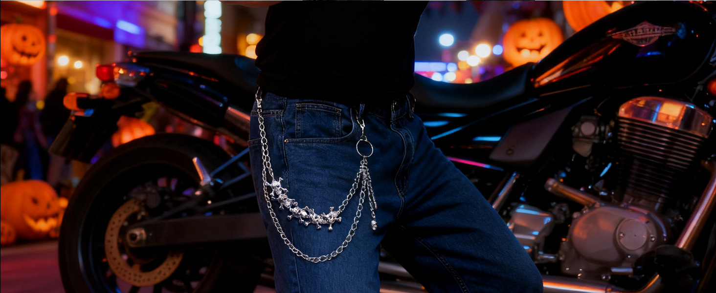 thumbnail video image 2 of Cross Skull Wallet Chain for Men and Women, Double Metal Biker Chain with Cross & Skull Charms, Gothic Street Fashion Accessory, 2 of 13
