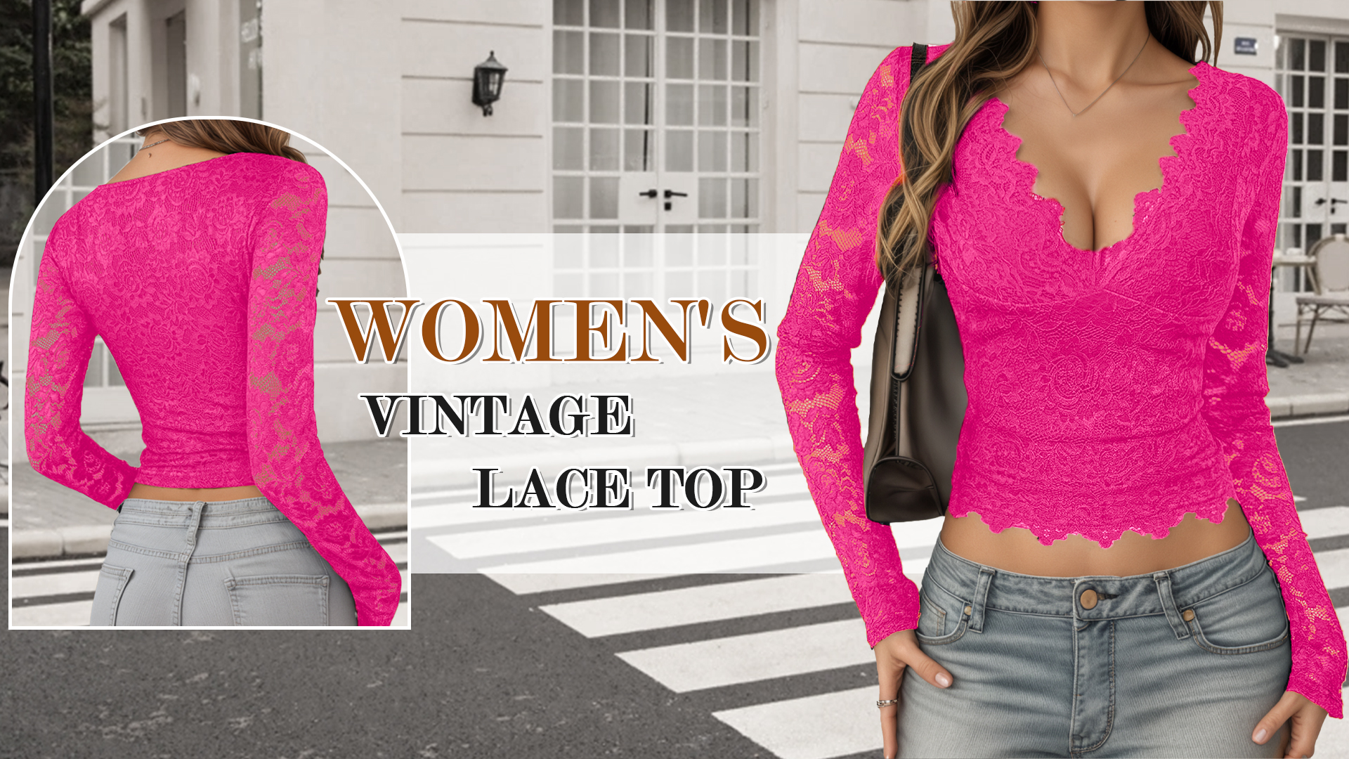 thumbnail video image 2 of Aivtalk Lace Tops for Women V-Neck Long Sleeve Crop Shirt Double Lined Slim Fitted Y2K Going Out Blouse Fuchsia S, 2 of 7