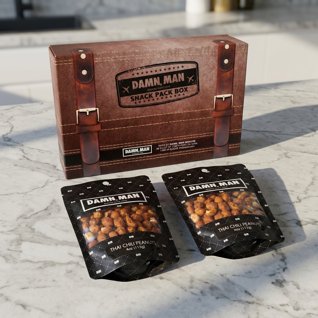 thumbnail video image 2 of Damn, Man Thai Chili Peanuts Snack Pack Gift Box - 4 Bags Gourmet Nuts - 4 oz. Each - 1 lb Total, 2 of 9