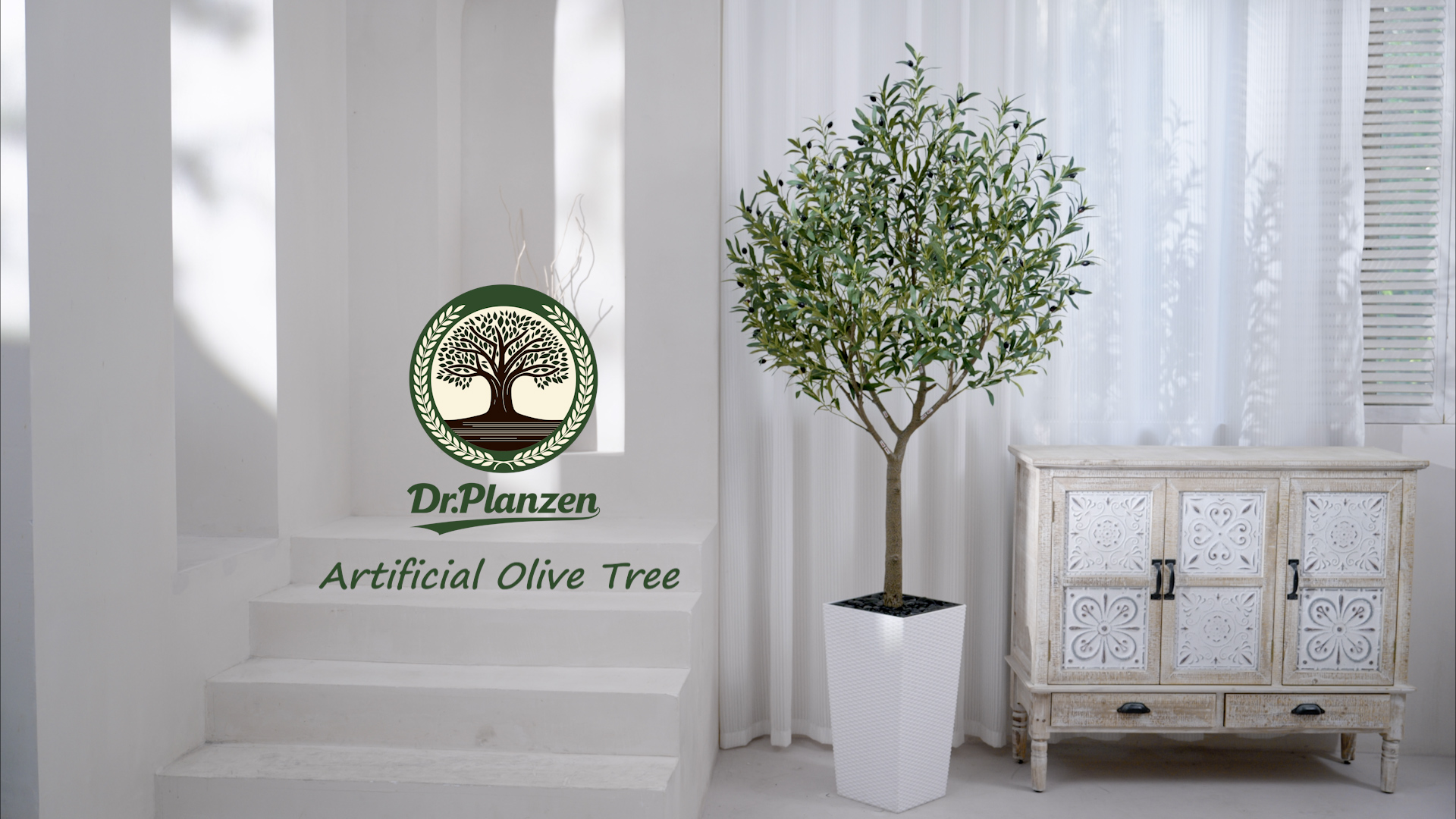 thumbnail video image 2 of DR.Planzen UV Resistant 6ft Artificial Olive Tree in Black Large Planter with Pebbles– Faux Olive Tree for Indoor and Outdoor Decor, Lifelike Greenery for Home & Garden Decor, 2 of 10