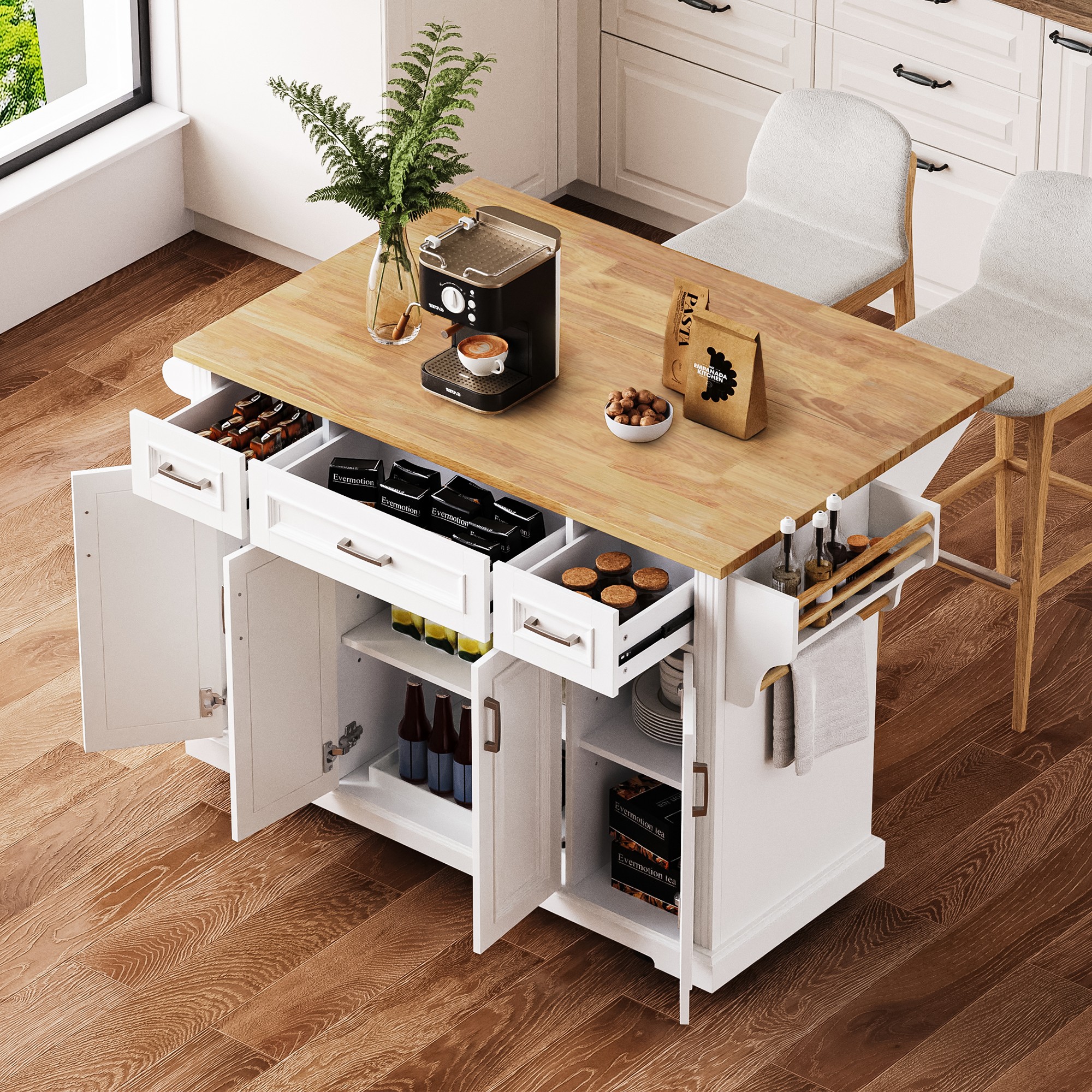 thumbnail video image 2 of 54inch Large Kitchen Island with Rubber Wood Drop Leaf, Embossed Texture Rolling Kitchen Cart on 4 Wheels with 4 Doors and 3 Drawers, Kitchen Island with Storage for Kitchen, Dining Room,Grey Blue, 2 of 8