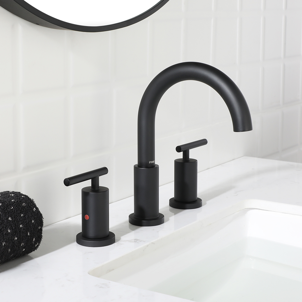 thumbnail video image 2 of PARLOS 2-Handle Widespread Bathroom Faucet  with Metal Pop-up Drain Assembly and Supply Lines, Matte Black, 2 of 10
