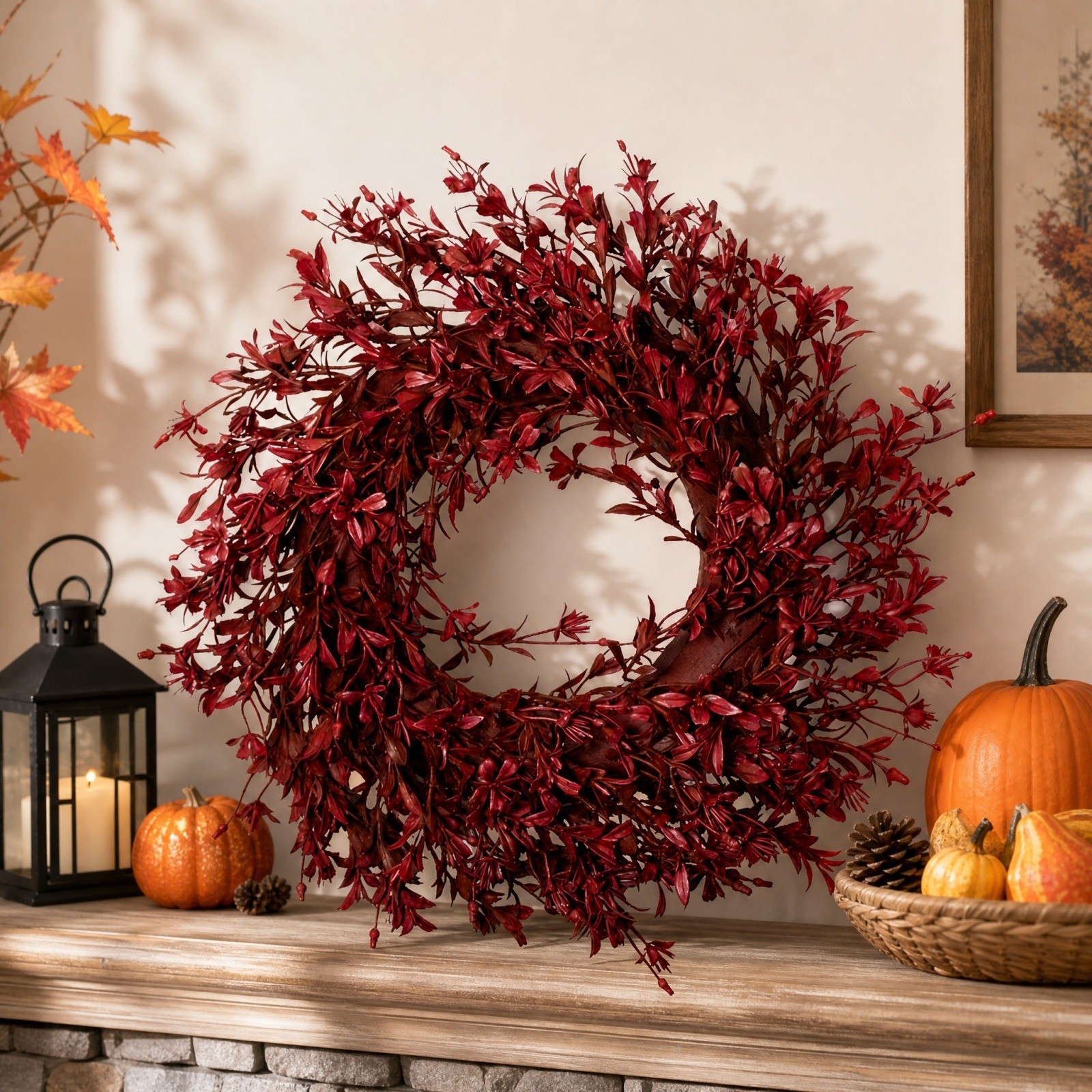 thumbnail video image 2 of Akmoler 11.8" Fall Wreaths for Front Door Outside Large Autumn Wreath Burgundy - Large Full Handmade Fall Door Wreath for Home Porch Yard Farmhouse Halloween Thanksgiving Indoor Outdoor Decor, 2 of 9