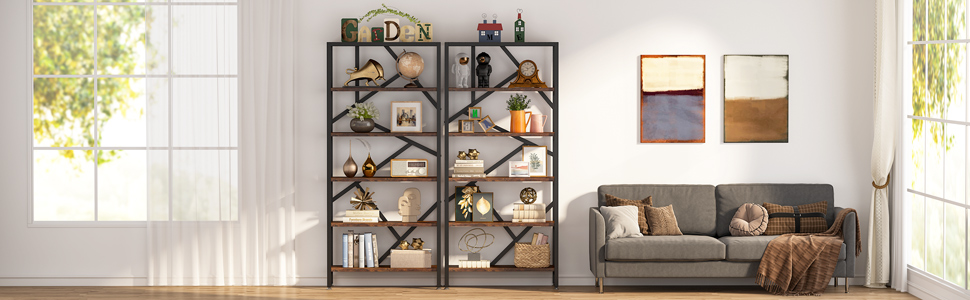 thumbnail video image 2 of Finmind 71-inch Industrial Bookshelf, 6 Shelf Etagere Bookcase, FreeStanding Open Display Book Shelves for Bedroom, Living Room, Light Brown & Black, 2 of 9