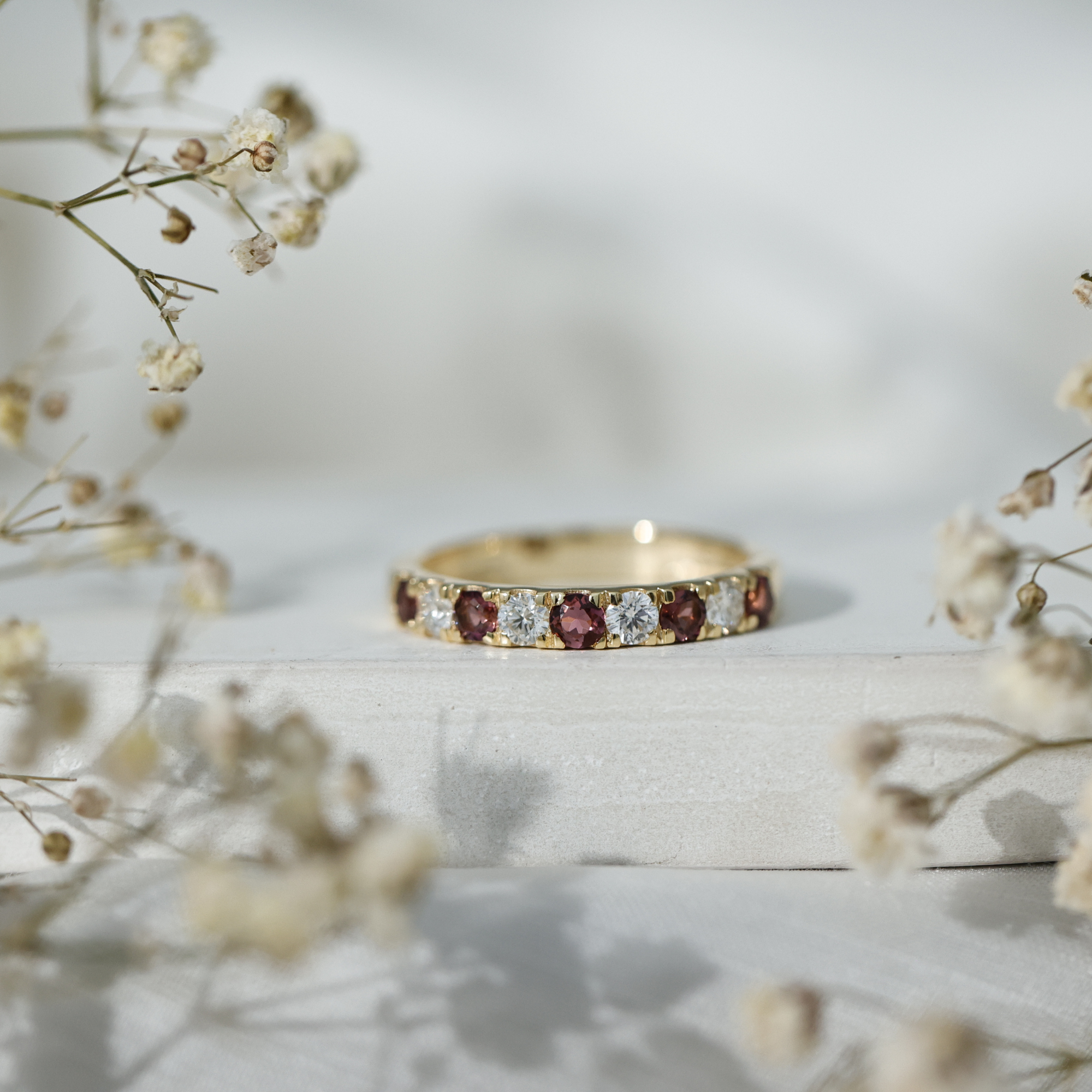 thumbnail video image 2 of Rosec Jewels Pink Tourmaline Half Eternity Band Ring with Diamond for Women (0.75 CT), 14K Yellow Gold, US 10.50, 2 of 9