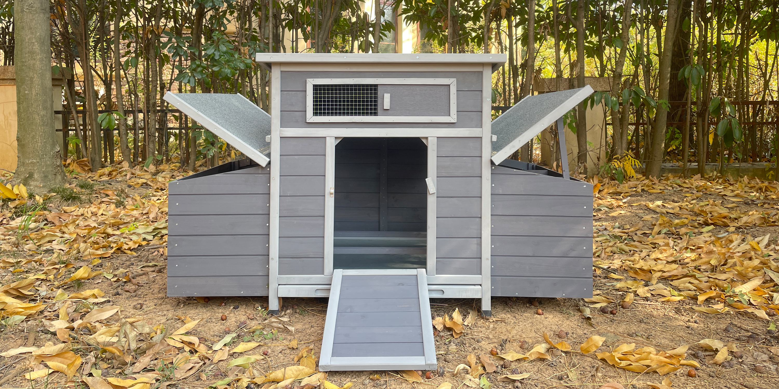 thumbnail video image 2 of Chicken Coop, 58" Wooden Chicken Coop with 2 Sides Large Nesting Boxes for 4-6 Chickens, Poultry Hutch Rabbit Cage with No-Slip Ramp & Pull-Out Tray for Outdoor Farm Yard, 2 of 10