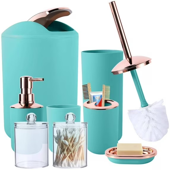 thumbnail video image 2 of iMucci 8 Pieces Teal Bathroom Accessories Sets - Trash Can with Swing Lid, Soap Dispenser, Self Draining Soap Dish, Toilet Brush with Holder, Toothbrush Holder, Mouthwash Cup, Qtip Holder Dispensers, 2 of 9