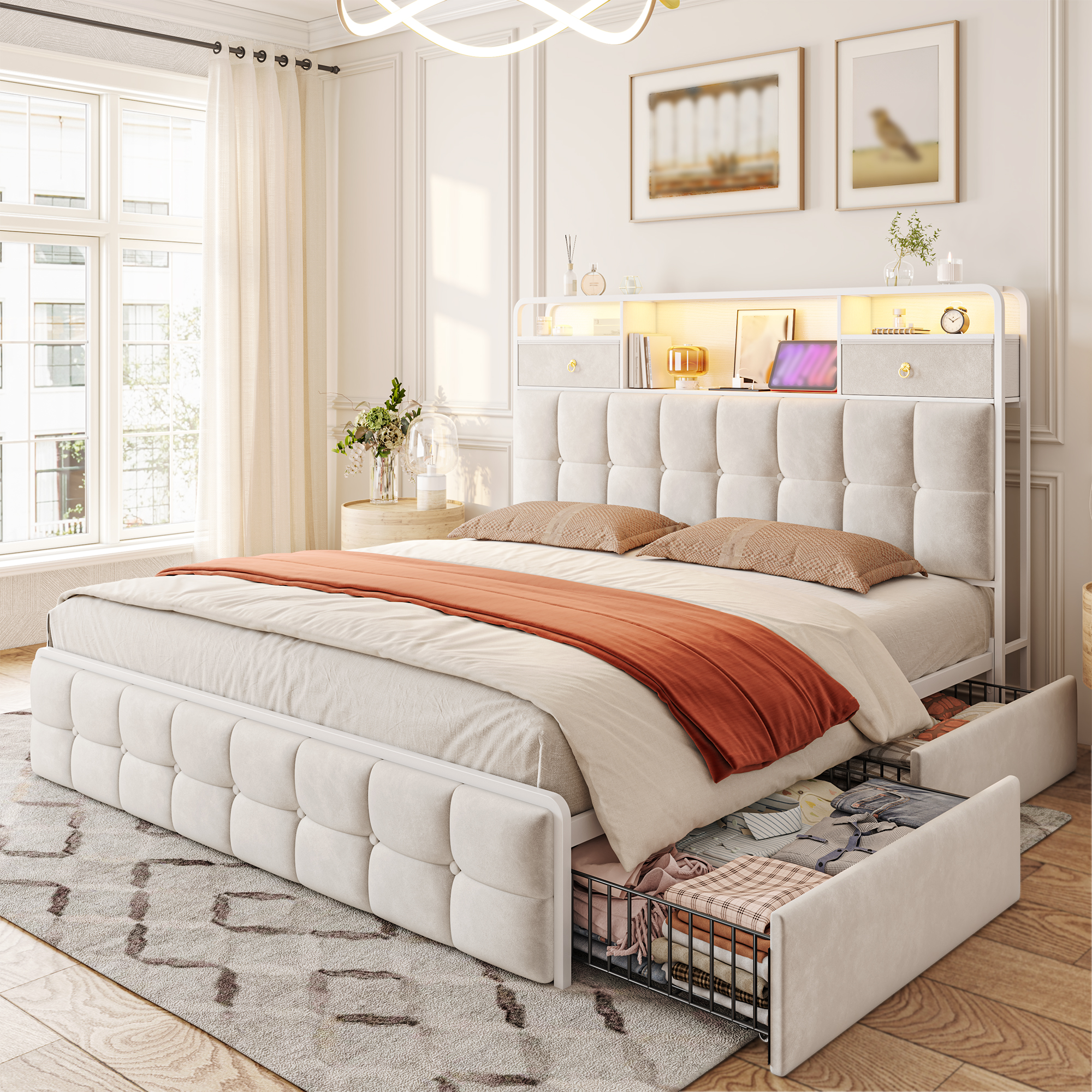 thumbnail video image 2 of EnHomee King Size Bed Frame with 4 Storage Drawers & 2 Small Drawers Bed Frame with Headboard and  LED Lights & Charge Station,Beige, 2 of 9