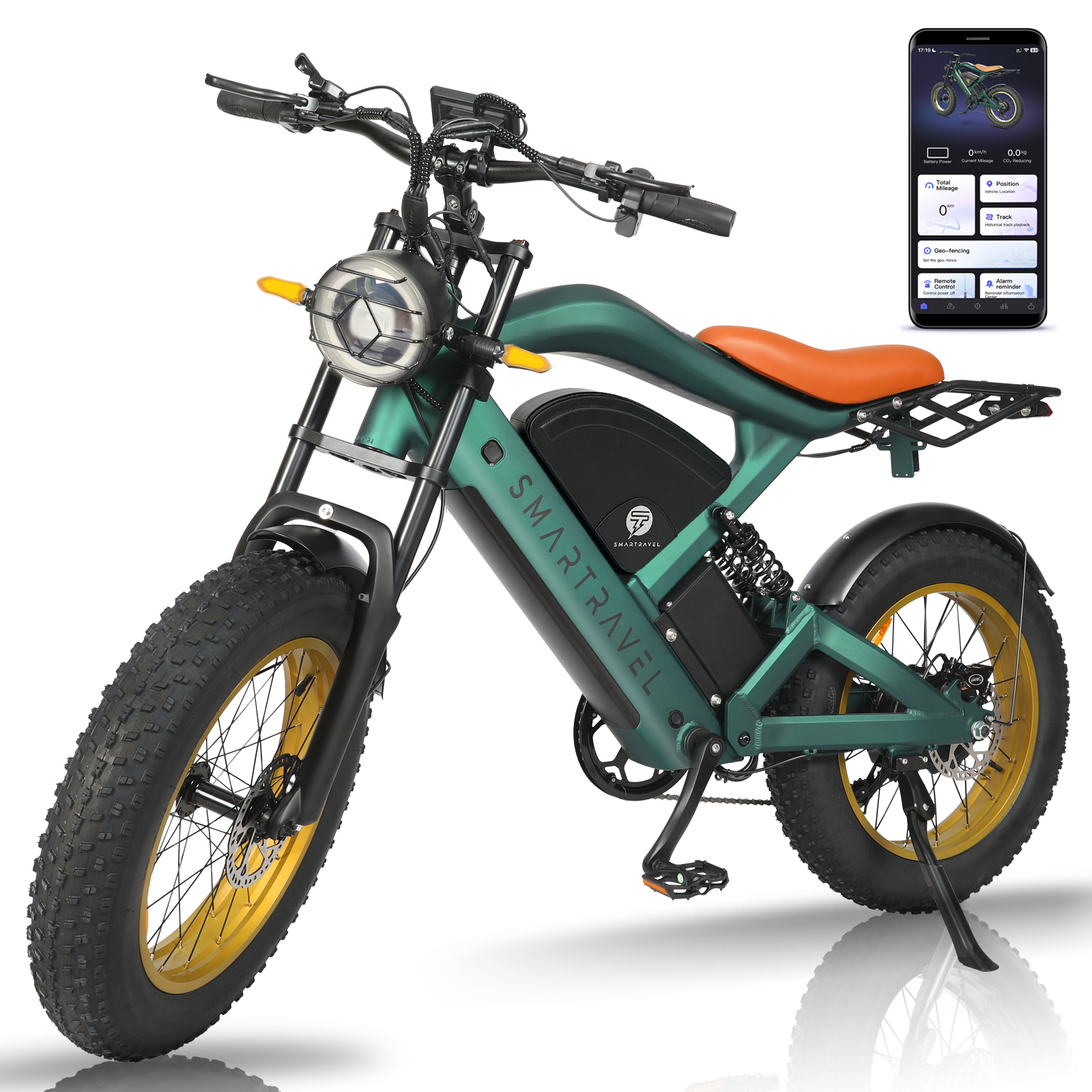 thumbnail video image 2 of Smartravel Electric Bike for Adults,1500W Motor E-Mountain Bike 48V 27Ah,20"*4.0 Fat Tire,Up to 32MPH,GPS and APP Control Ebike,Front/Rear Turn Signals,UL2849, 2 of 16