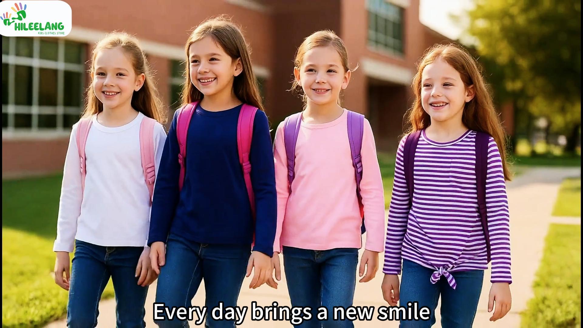 thumbnail video image 2 of HILEELANG Girls 100% Cotton Long Sleeve T-Shirt 4-Pack, Red Green White Striped, Casual Everyday Tops, Size 7-8, 2 of 10