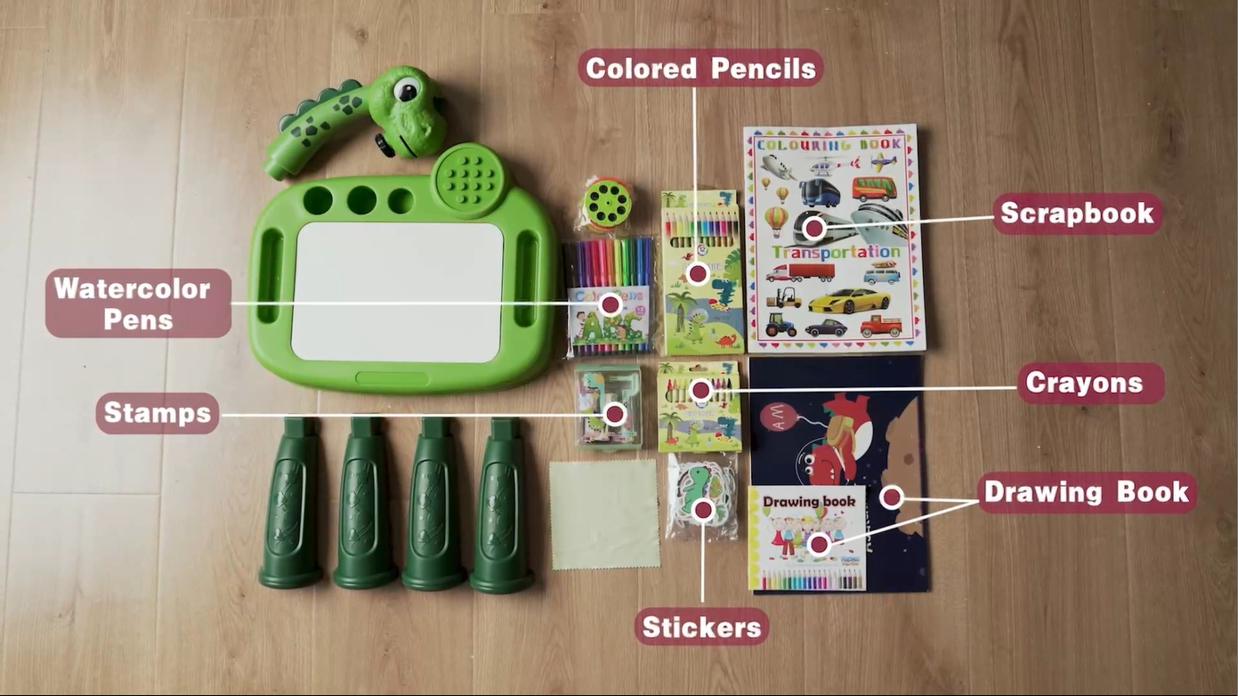 thumbnail video image 2 of Dinosaur Drawing Projector, Arts and Crafts for Boys, Contains Drawing Board with Music, Watercolor Pens, Pencils, Crayons, Scrapbook, Sticker Book, Unicorn Stickers, Stamps, 2 of 7
