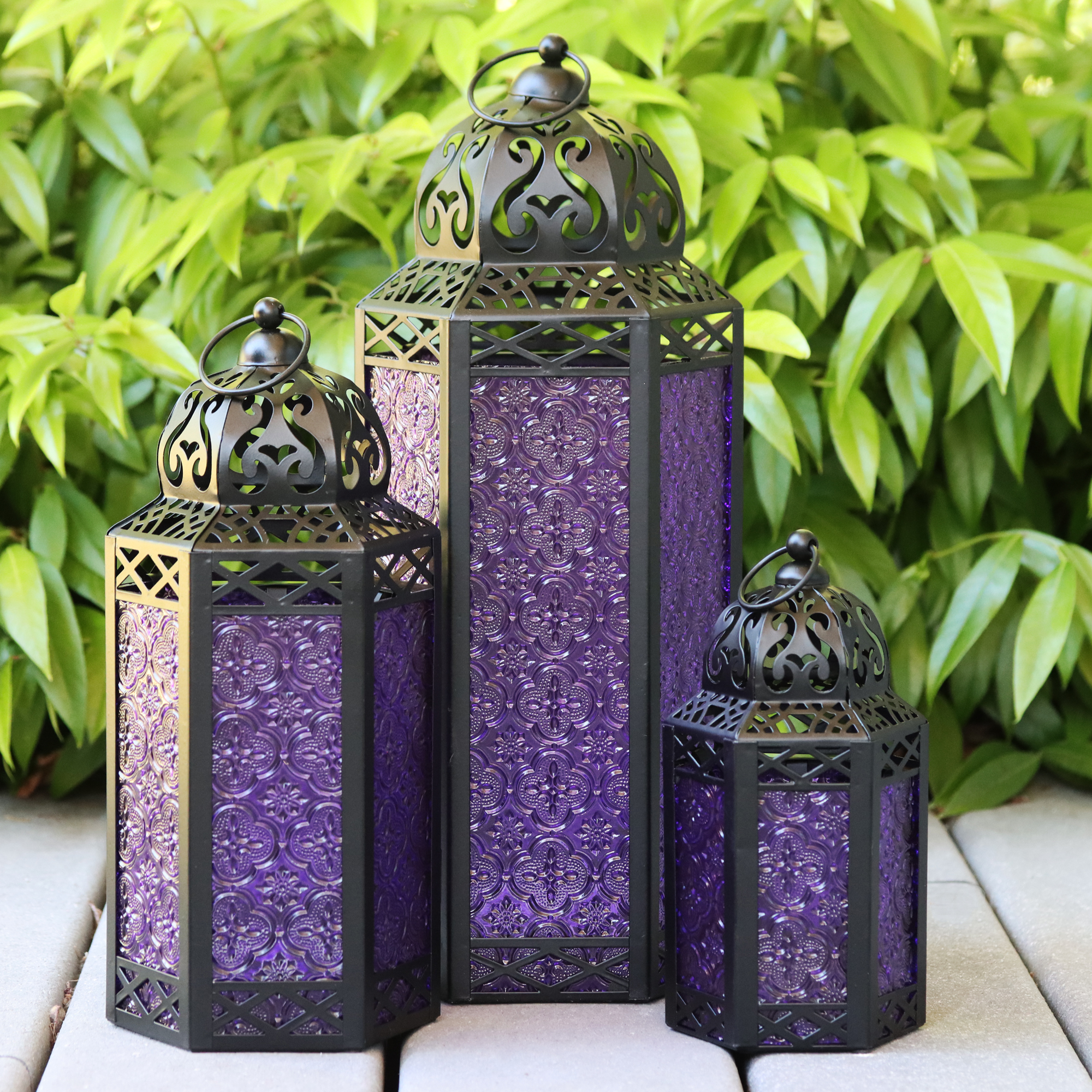 thumbnail video image 2 of Moroccan Candle Lantern Decorative Set of 3 for Floor, Ramadan Decorations, Indoor Home Decor, Outdoor Patio or Porch, Weddings, Purple, 2 of 6