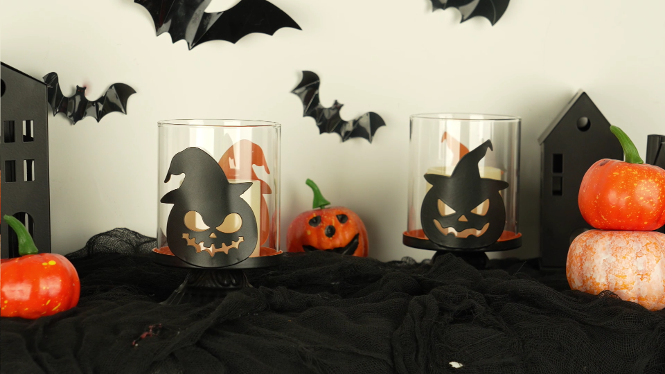 thumbnail video image 2 of Sziqiqi Set of 2 Halloween Tea Light Holder: Gothic Pumpkin Metal Candle Holder with Removable Glass Cover Spooky Wall Projection Effect for Table Mantel Party Decor (4.7"), 2 of 10