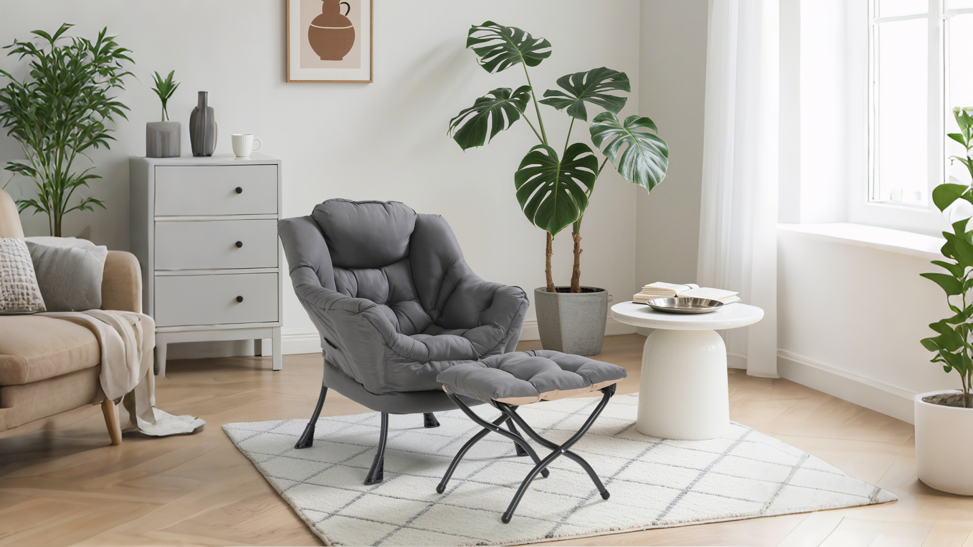 thumbnail video image 2 of TLSUNNY Lazy Chair with Ottoman, Comfy Lounge Chair, Oversized Reading Armchair with Folding Footrest & Side Pocket for Living Room, Bedroom, Office, 2 of 9