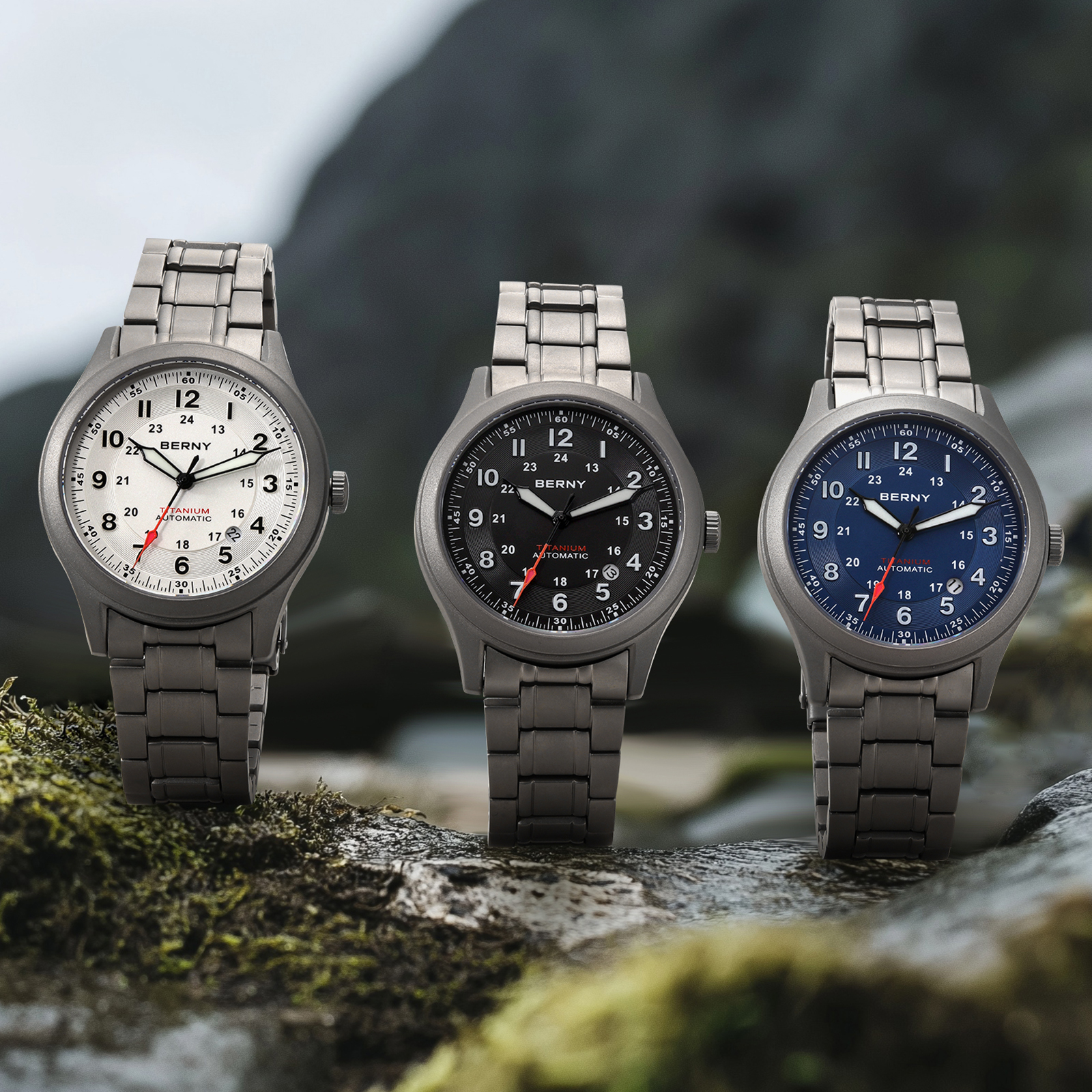 thumbnail video image 2 of BERNY Automatic Watches for Men Military Sport Titanium Field Watch with Date Sapphire Crystal Luminous Fashion Analog Mechanical Watch 100M Waterproof Army Tactical Casual Wristwatch (White), 2 of 9