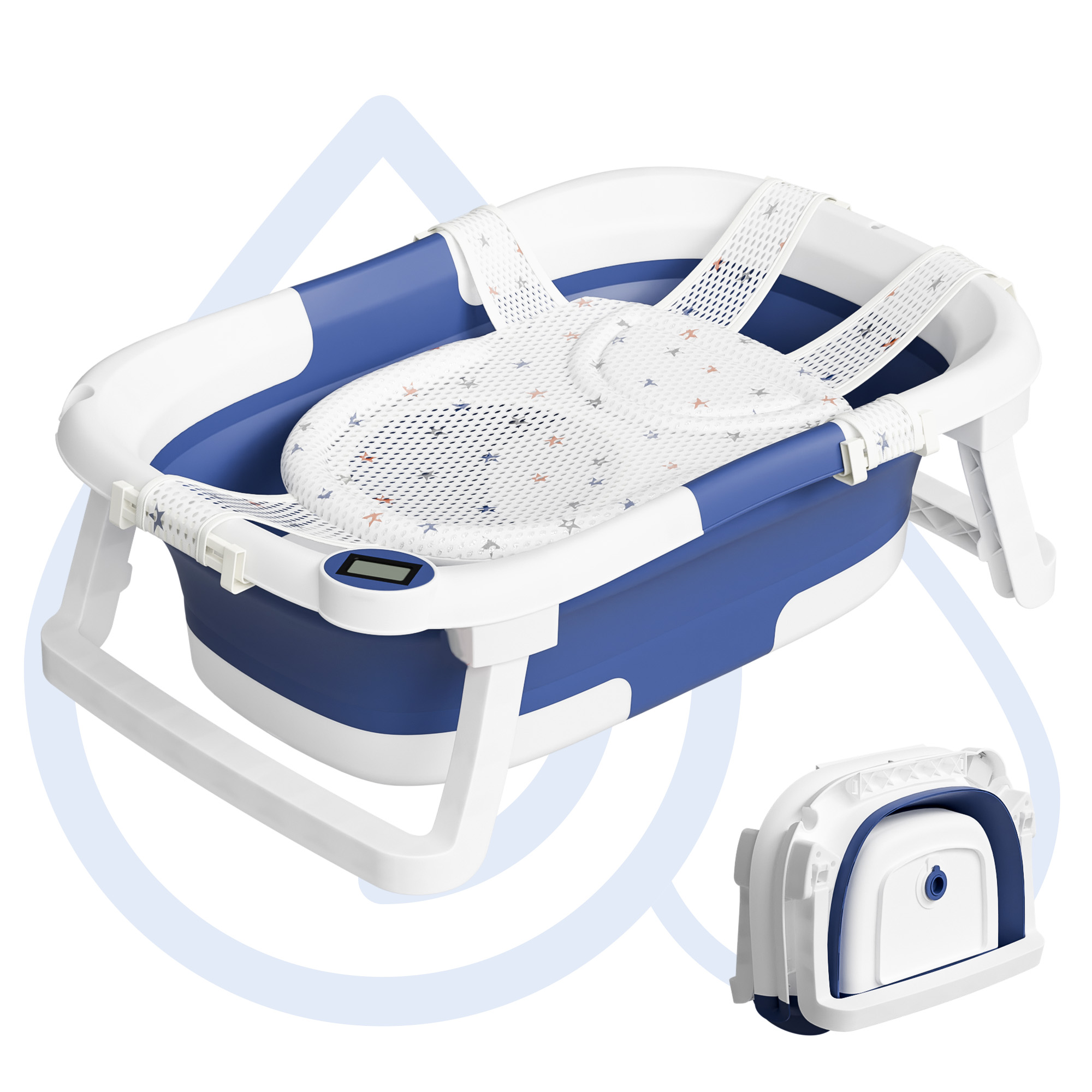 thumbnail video image 2 of Aprpink Foldable Baby ‎Bathtub PP+TPE with Soft Bath Net&Thermometer for 0-36 Months Toddler Blue, 2 of 8