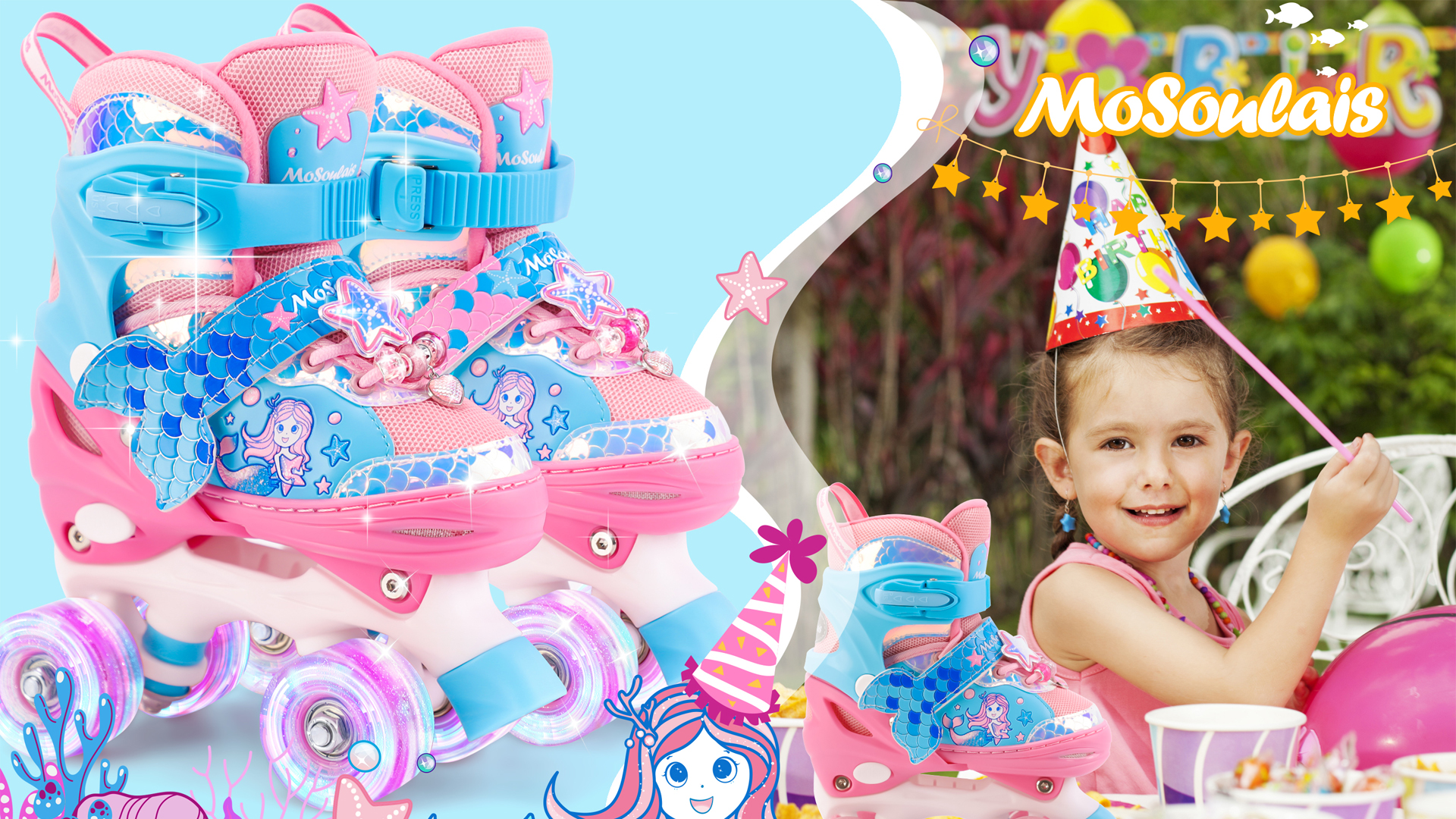 thumbnail video image 2 of Mermaid Roller Skates for Girls Kids Toddler Light up & Adjustable Sizes Rollerskates, 2 of 8