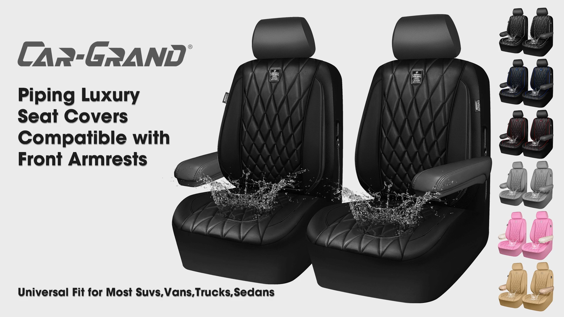 thumbnail video image 2 of CAR GRAND Piping Luxury Faux PU leather Full Set Car Seat Covers Water Proof Armrest Airbag Compatible Universal Fit SUV VAN Truck All beige, 2 of 9