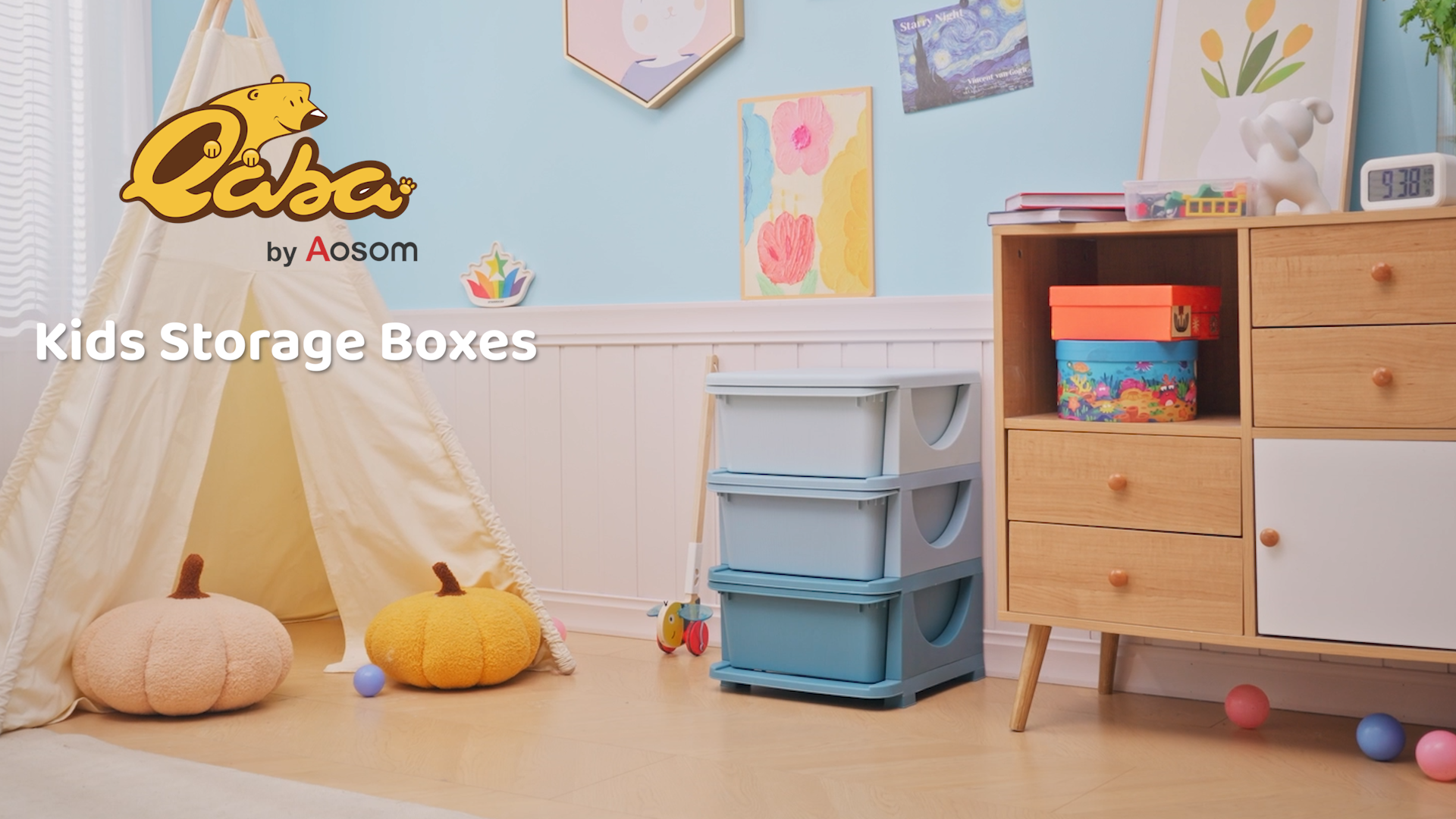 thumbnail video image 2 of Qaba 3 Tier Kids Storage Unit Dresser Tower with Drawers Chest Toy Organizer for Bedroom Nursery Kindergarten Living Room for Boys Girls, Blue, 2 of 9