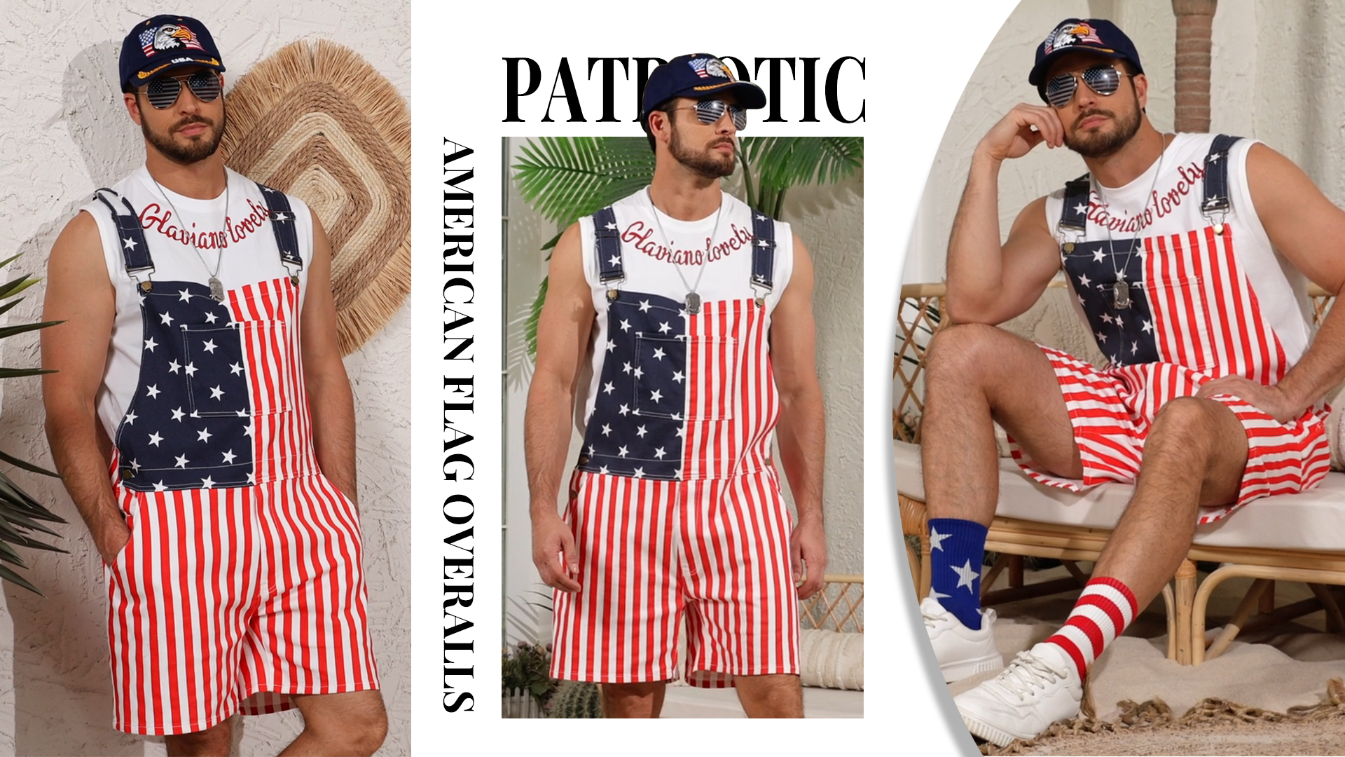 thumbnail video image 2 of American Flag Overalls Denim Bib Jumpsuit Shorts Jean Romper for Men, 2 of 10