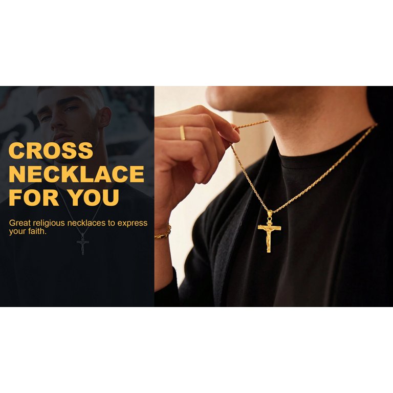 Orthodox Crucifix Jesus Christ Cross Pendant Necklace 14K Yellow Gold Byzantine Chain Necklaces Jewelry For Men