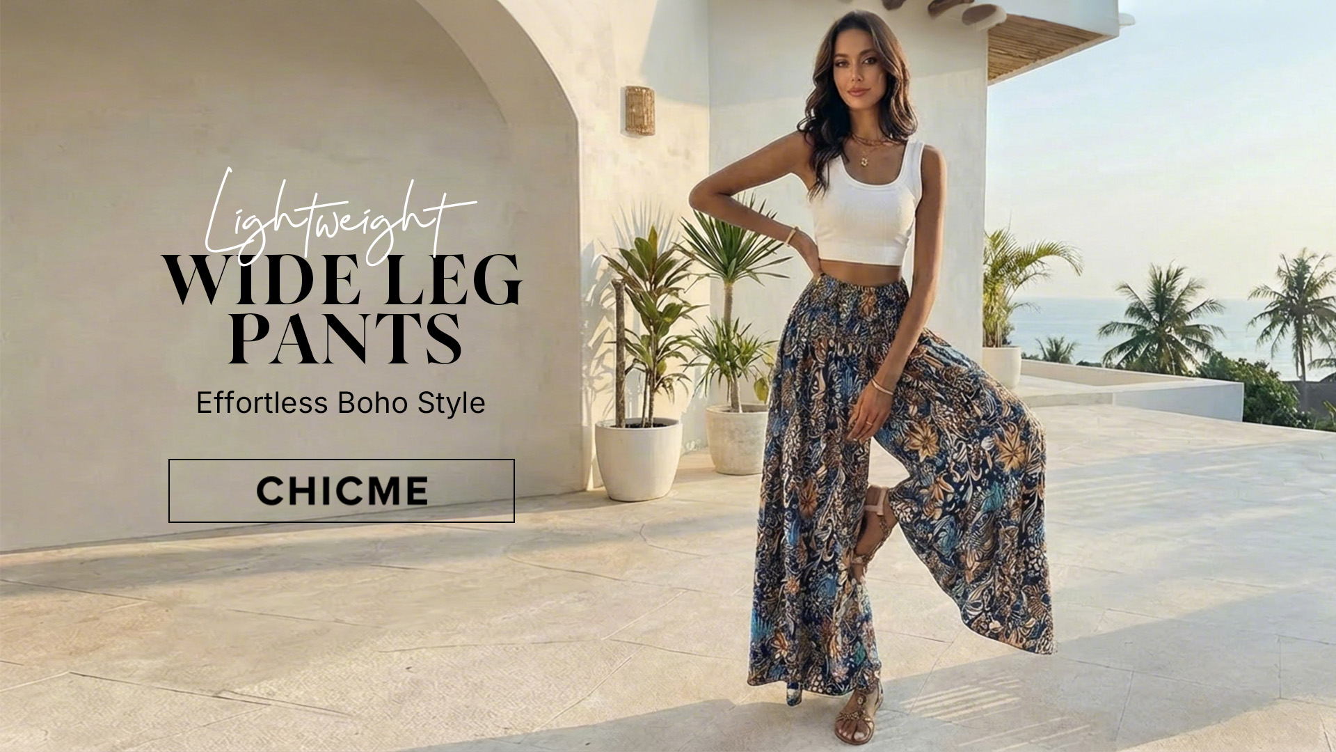 thumbnail video image 2 of CHICME Pants Boho Floral Shirred High Waisted Wide Leg Pants Flowy Trousers Summer Beach Vacation Wear Blue-S, 2 of 9