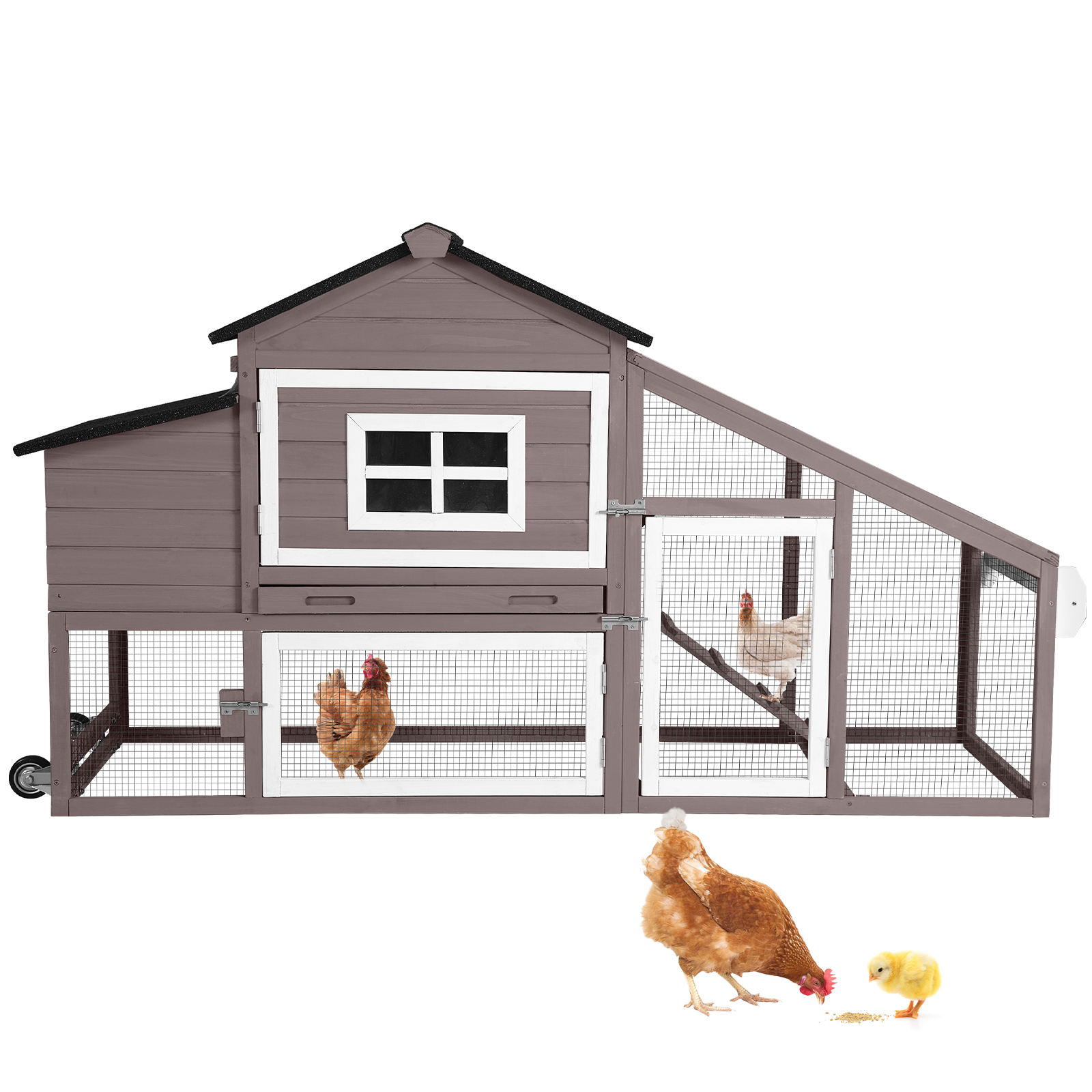 thumbnail video image 2 of Aivituvin Chicken Coop, Mobile Chicken House with Wheels, Outdoor Hen House Poultry Cage with Nesting Box, Leakproof Pull Out Tray and UV-Resistant Roof (Brown), 2 of 14