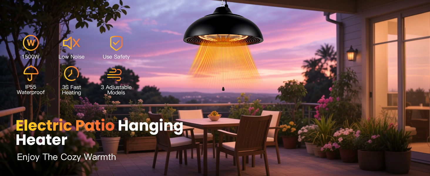 thumbnail video image 2 of Advwin Outdoor Patio Heater,1500W Electric Hanging Patio Heater 3S Fast Heating,Ceiling Mounted Heater for Balcony,Courtyard, Garage,Overheat & Tip-Over Protection 3 Adjustable Modes,IP55 Waterproof, 2 of 10