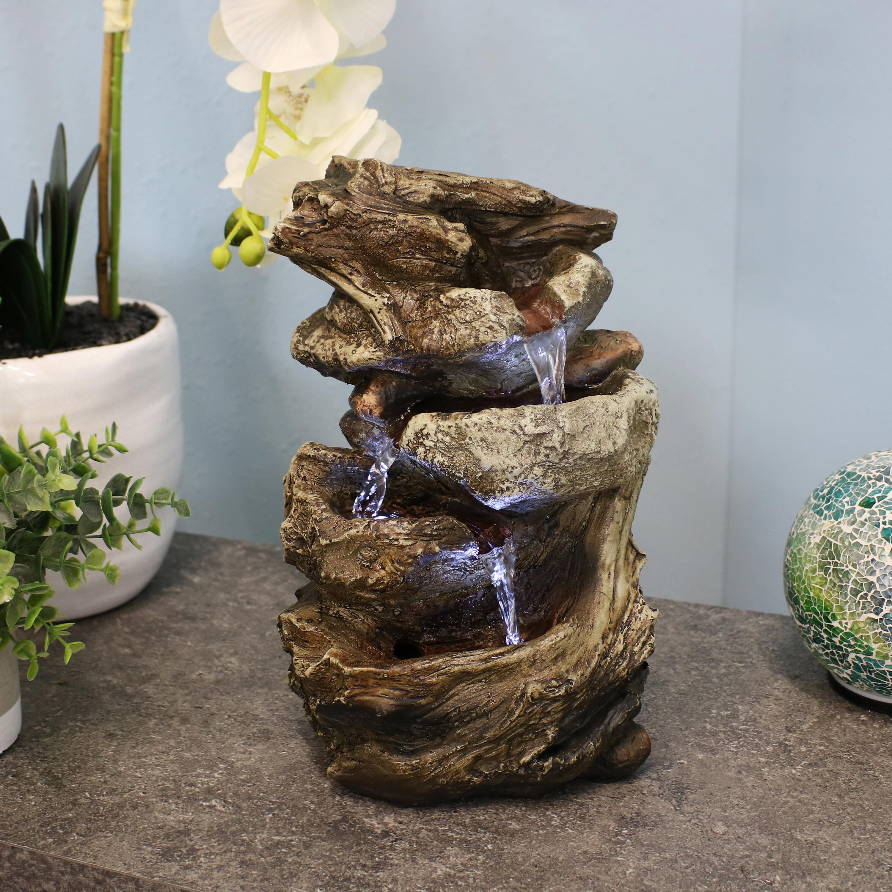 thumbnail video image 2 of Sunnydaze Tiered Rock & Log Indoor Waterfall Fountain with LED Lights - 10", 2 of 12
